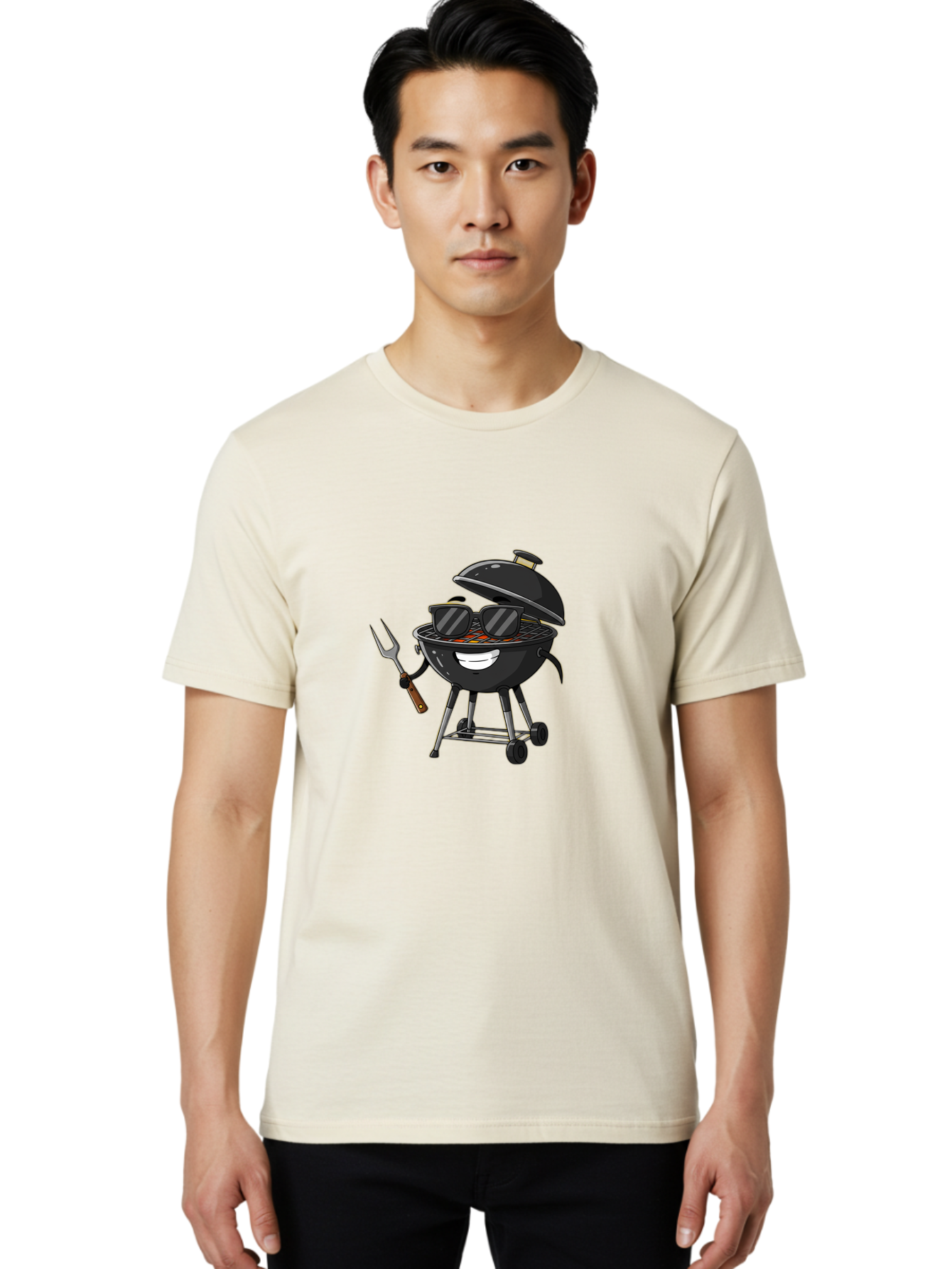 Bbq-Grill-With-Sunglasses Men'S Graphic Tee, 100% Cotton, Comfortable Casual Summer Wear, Machine Washable, Barbecue Grill, Sunglasses On Grill, Fork In Hand, Smiling Grill, Cartoon Character, Bbq Accessories, Outdoor Cooking, Summer Vibes, Bab672