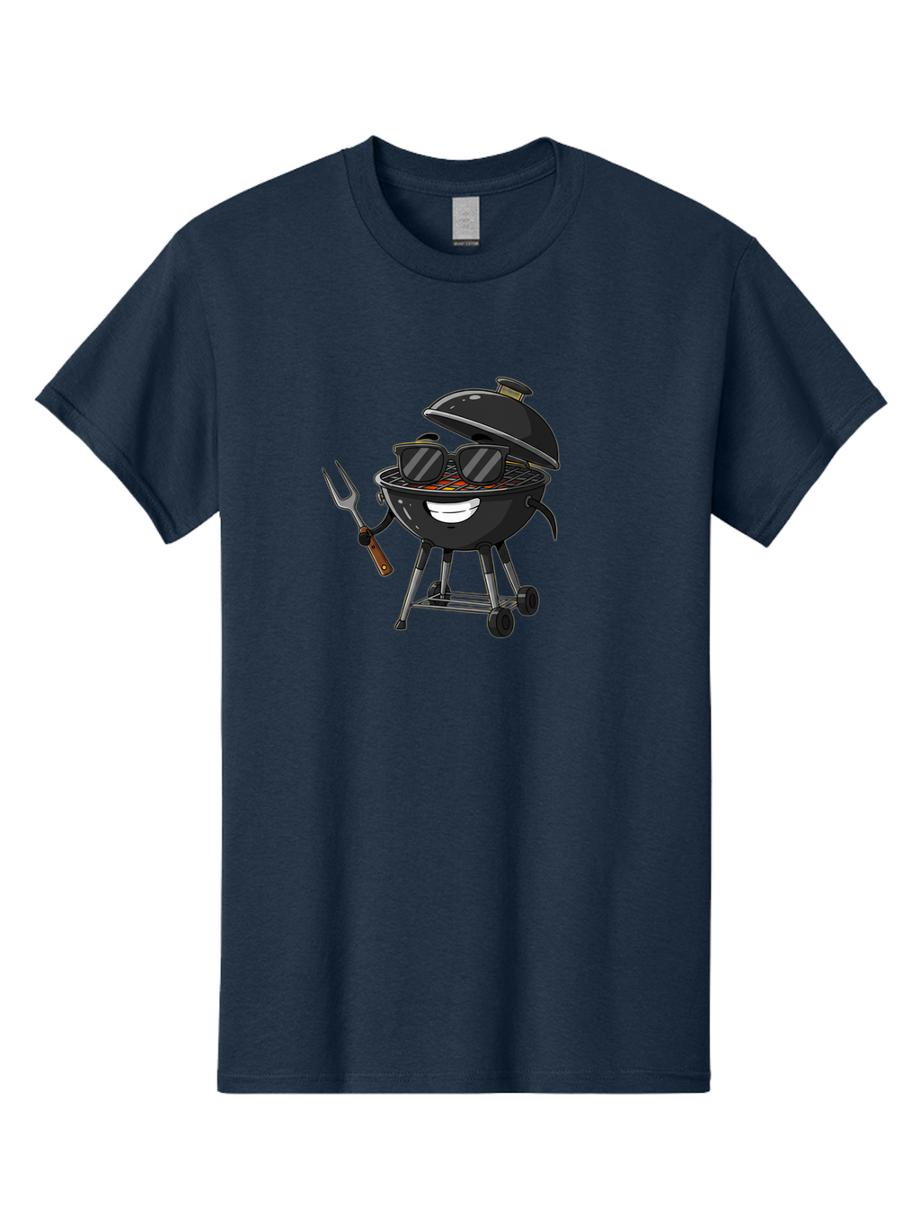 Bbq-Grill-With-Sunglasses Men'S Graphic Tee, 100% Cotton, Comfortable Casual Summer Wear, Machine Washable, Barbecue Grill, Sunglasses On Grill, Fork In Hand, Smiling Grill, Cartoon Character, Bbq Accessories, Outdoor Cooking, Summer Vibes, Bab672