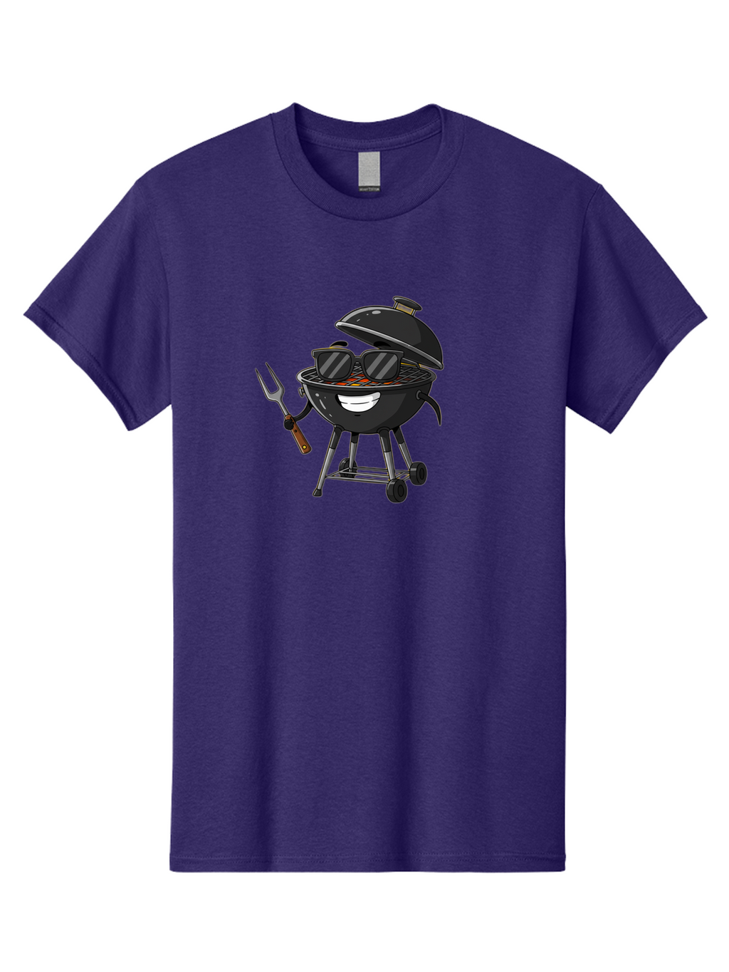 Bbq-Grill-With-Sunglasses Men'S Graphic Tee, 100% Cotton, Comfortable Casual Summer Wear, Machine Washable, Barbecue Grill, Sunglasses On Grill, Fork In Hand, Smiling Grill, Cartoon Character, Bbq Accessories, Outdoor Cooking, Summer Vibes, Bab672
