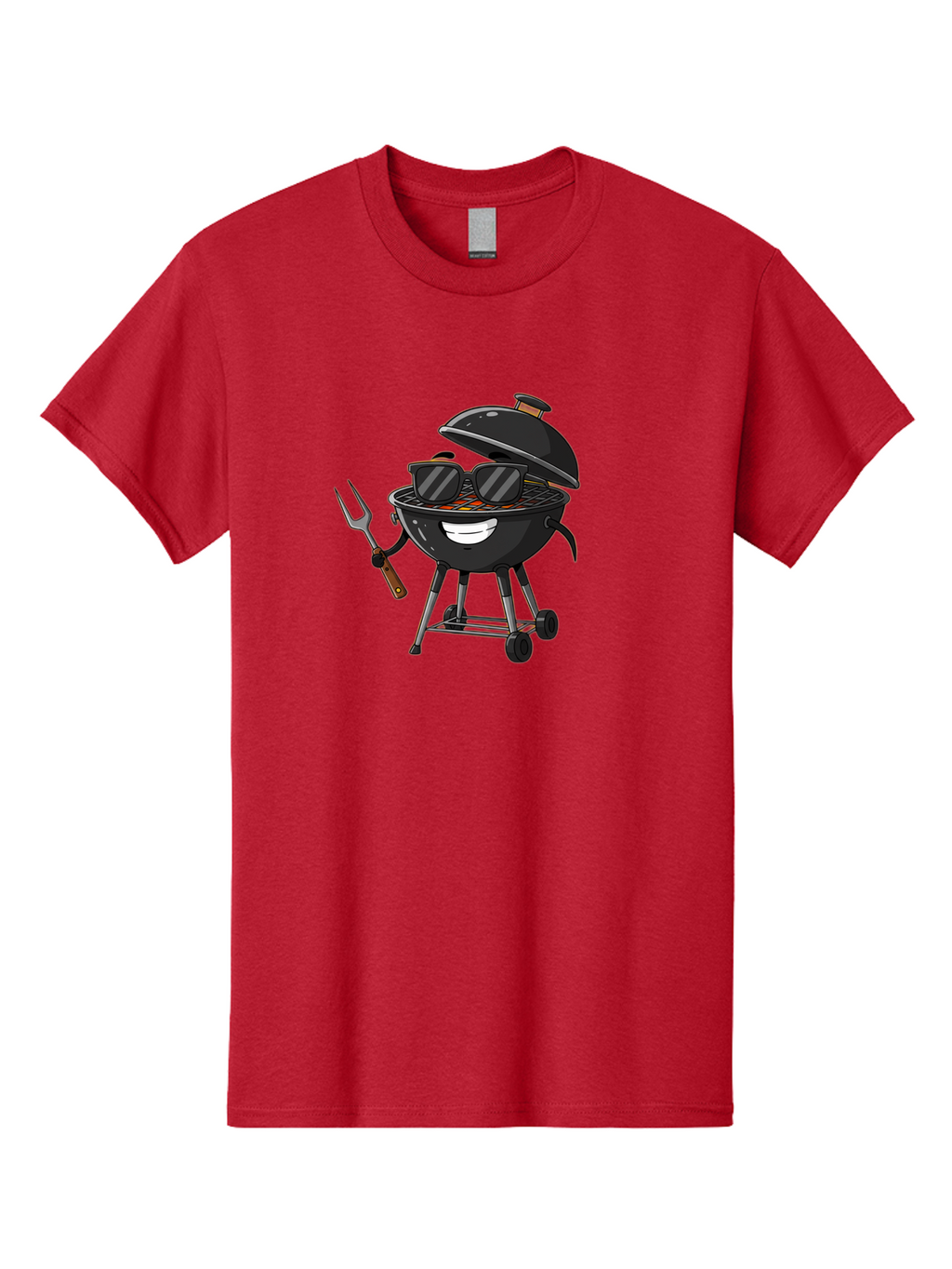 Bbq-Grill-With-Sunglasses Men'S Graphic Tee, 100% Cotton, Comfortable Casual Summer Wear, Machine Washable, Barbecue Grill, Sunglasses On Grill, Fork In Hand, Smiling Grill, Cartoon Character, Bbq Accessories, Outdoor Cooking, Summer Vibes, Bab672