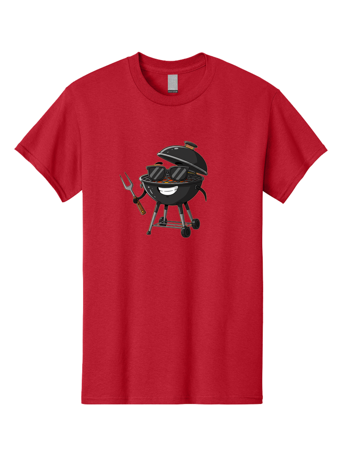 Bbq-Grill-With-Sunglasses Men'S Graphic Tee, 100% Cotton, Comfortable Casual Summer Wear, Machine Washable, Barbecue Grill, Sunglasses On Grill, Fork In Hand, Smiling Grill, Cartoon Character, Bbq Accessories, Outdoor Cooking, Summer Vibes, Bab672