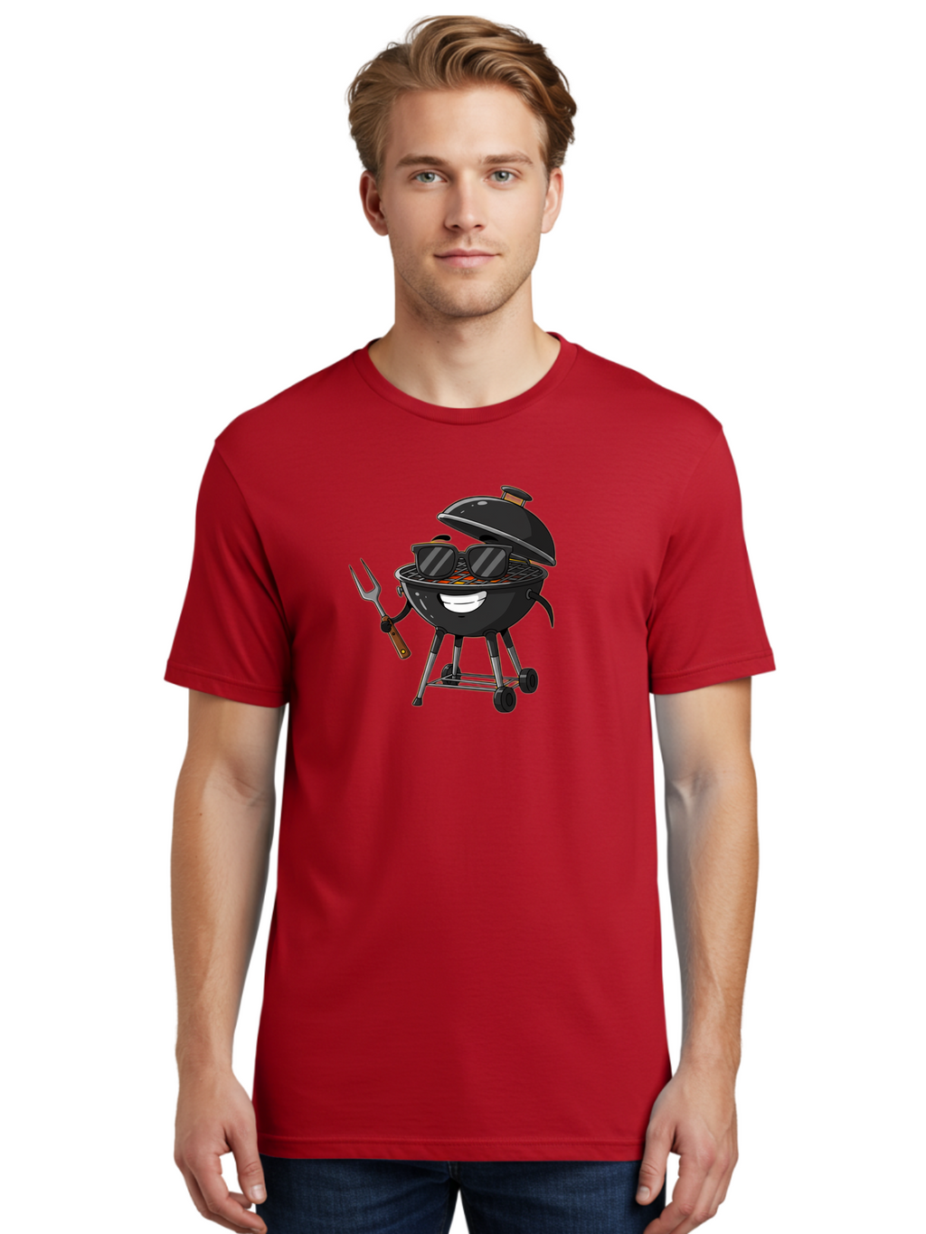 Bbq-Grill-With-Sunglasses Men'S Graphic Tee, 100% Cotton, Comfortable Casual Summer Wear, Machine Washable, Barbecue Grill, Sunglasses On Grill, Fork In Hand, Smiling Grill, Cartoon Character, Bbq Accessories, Outdoor Cooking, Summer Vibes, Bab672
