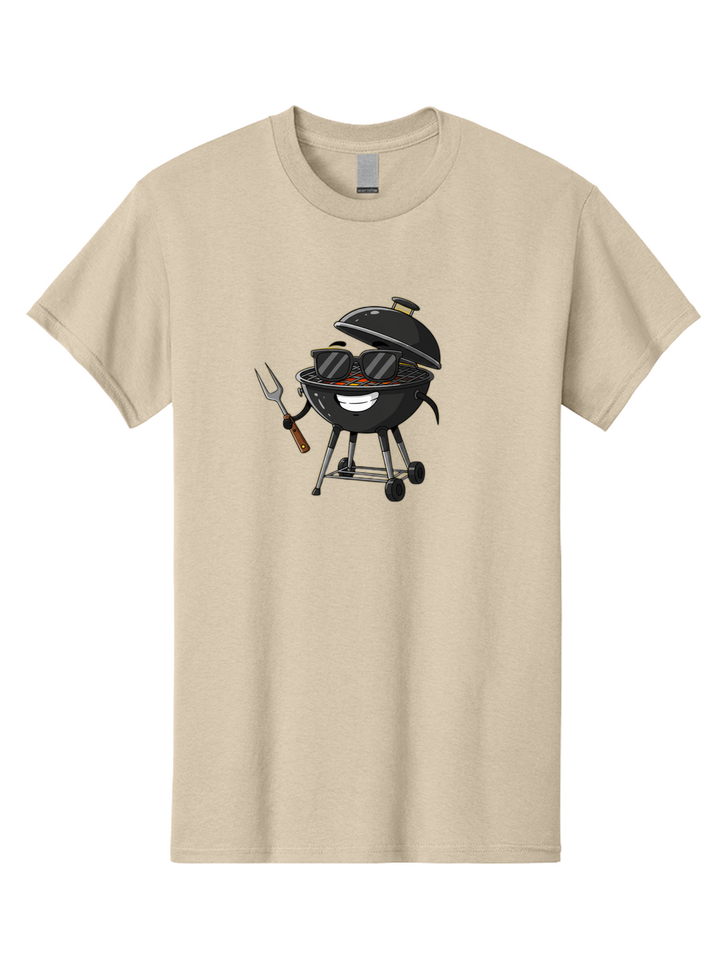 Bbq-Grill-With-Sunglasses Men'S Graphic Tee, 100% Cotton, Comfortable Casual Summer Wear, Machine Washable, Barbecue Grill, Sunglasses On Grill, Fork In Hand, Smiling Grill, Cartoon Character, Bbq Accessories, Outdoor Cooking, Summer Vibes, Bab672