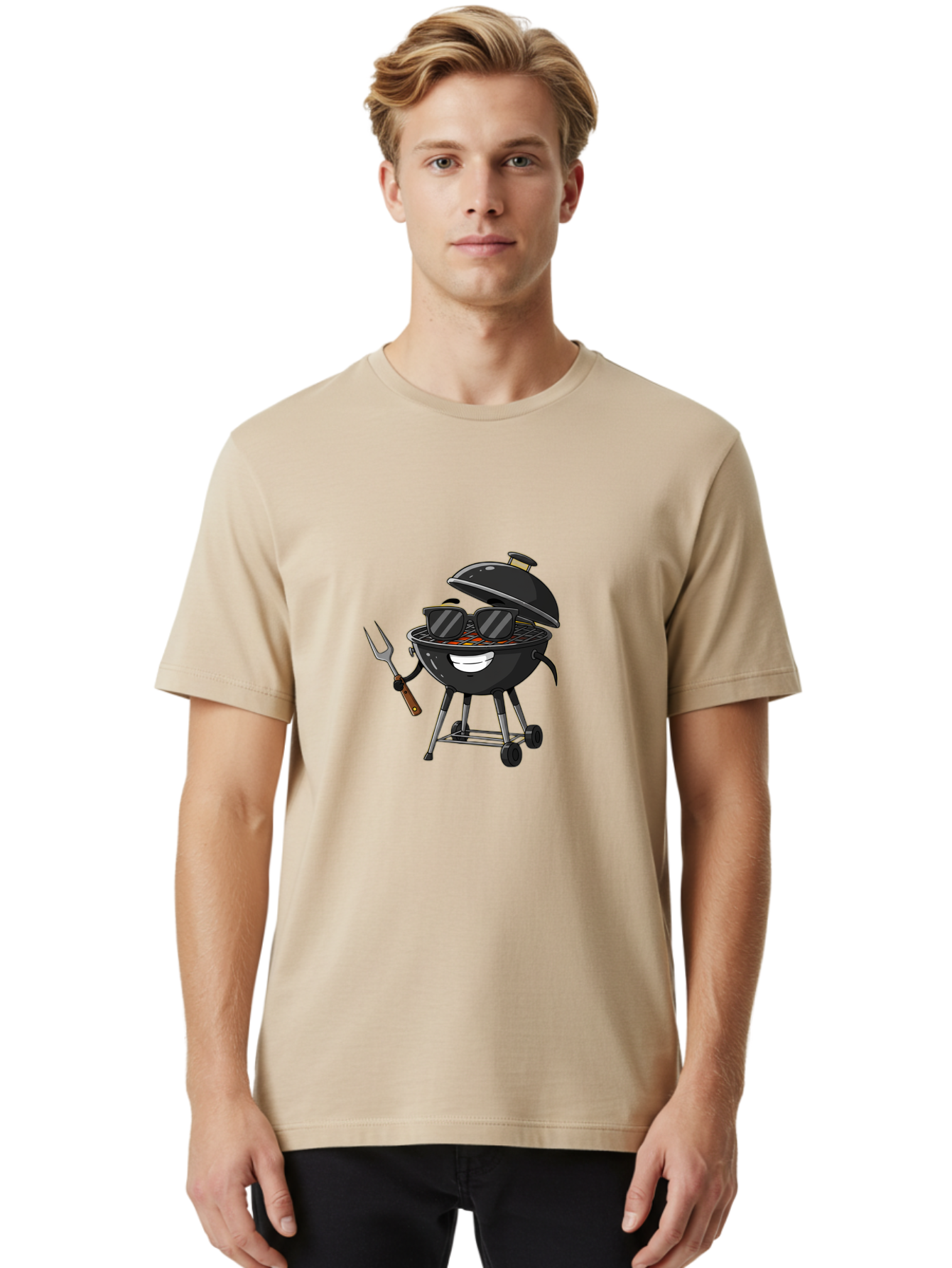 Bbq-Grill-With-Sunglasses Men'S Graphic Tee, 100% Cotton, Comfortable Casual Summer Wear, Machine Washable, Barbecue Grill, Sunglasses On Grill, Fork In Hand, Smiling Grill, Cartoon Character, Bbq Accessories, Outdoor Cooking, Summer Vibes, Bab672
