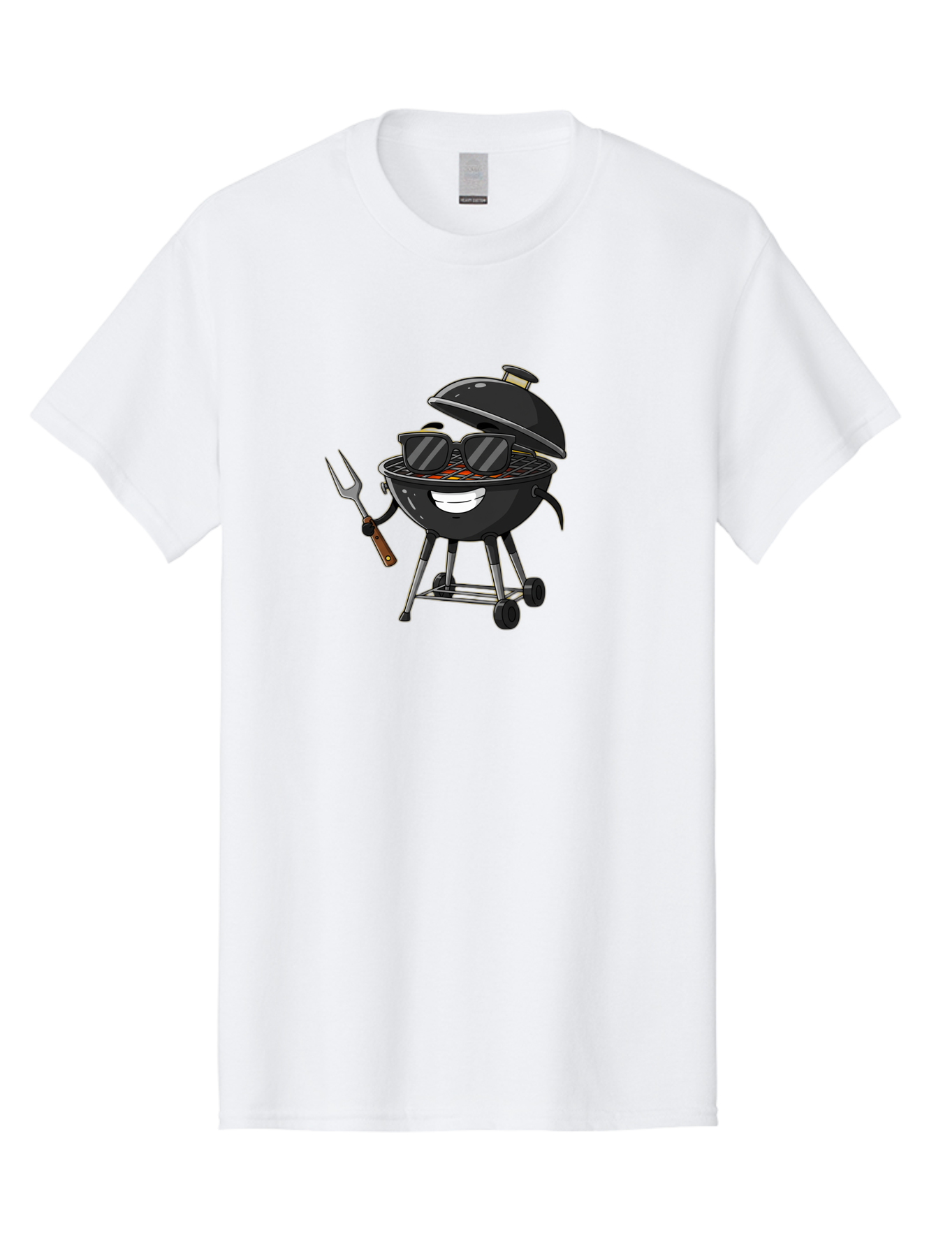 Bbq-Grill-With-Sunglasses Men'S Graphic Tee, 100% Cotton, Comfortable Casual Summer Wear, Machine Washable, Barbecue Grill, Sunglasses On Grill, Fork In Hand, Smiling Grill, Cartoon Character, Bbq Accessories, Outdoor Cooking, Summer Vibes, Bab672