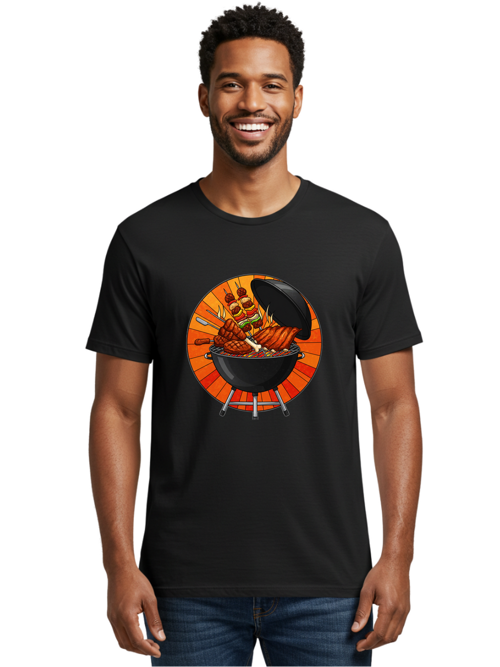 Bbq-Grill Men'S Graphic Tee, 100% Cotton, Comfortable Casual Summer Wear, Machine Washable, Barbecue Grill, Grilled Meat, Skewers, Outdoor Cooking, Summer Food, Barbecue Party, Delicious Food, Grilled Chicken, Barbecue Sauce Bab673