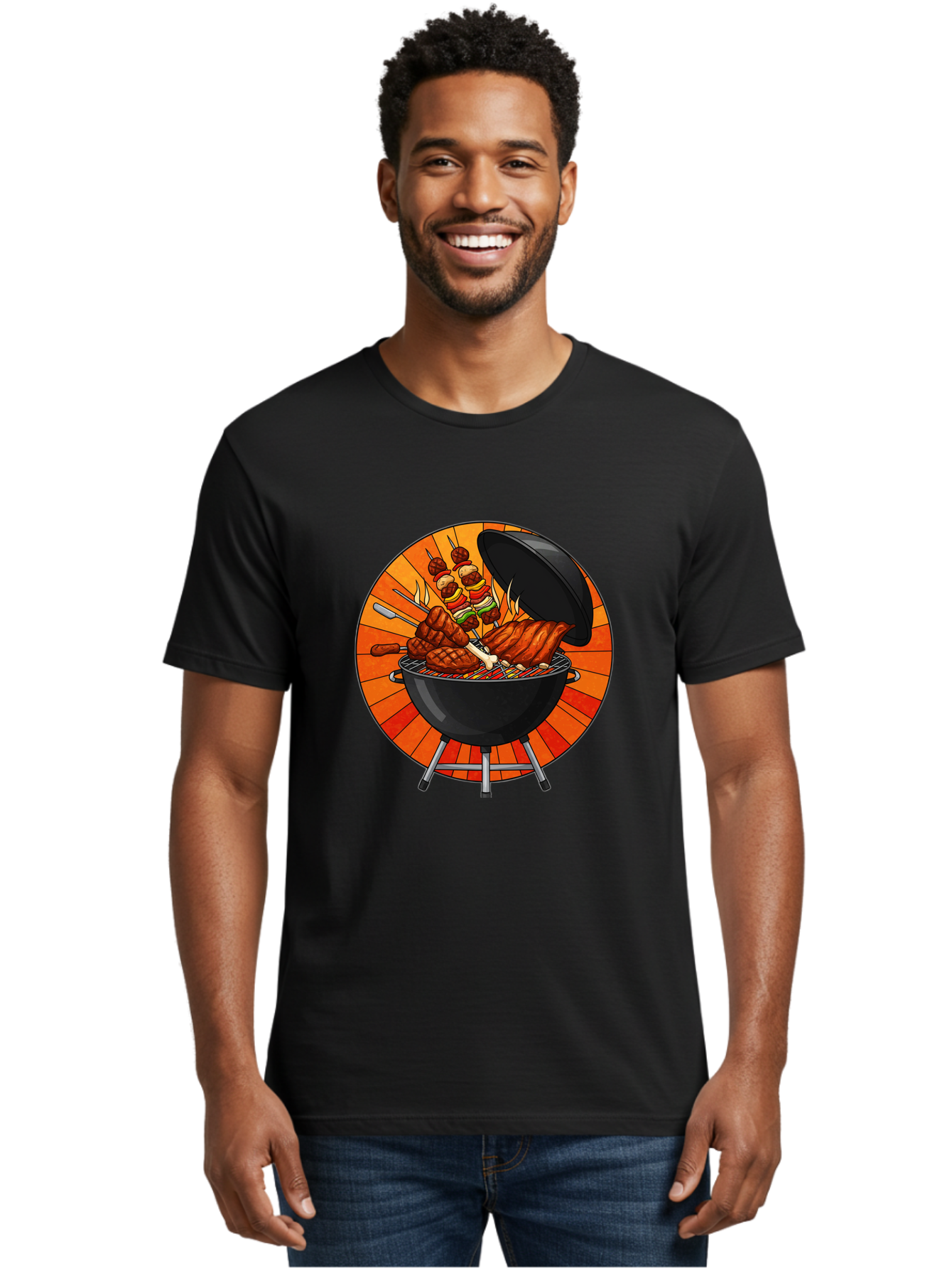 Bbq-Grill Men'S Graphic Tee, 100% Cotton, Comfortable Casual Summer Wear, Machine Washable, Barbecue Grill, Grilled Meat, Skewers, Outdoor Cooking, Summer Food, Barbecue Party, Delicious Food, Grilled Chicken, Barbecue Sauce Bab673