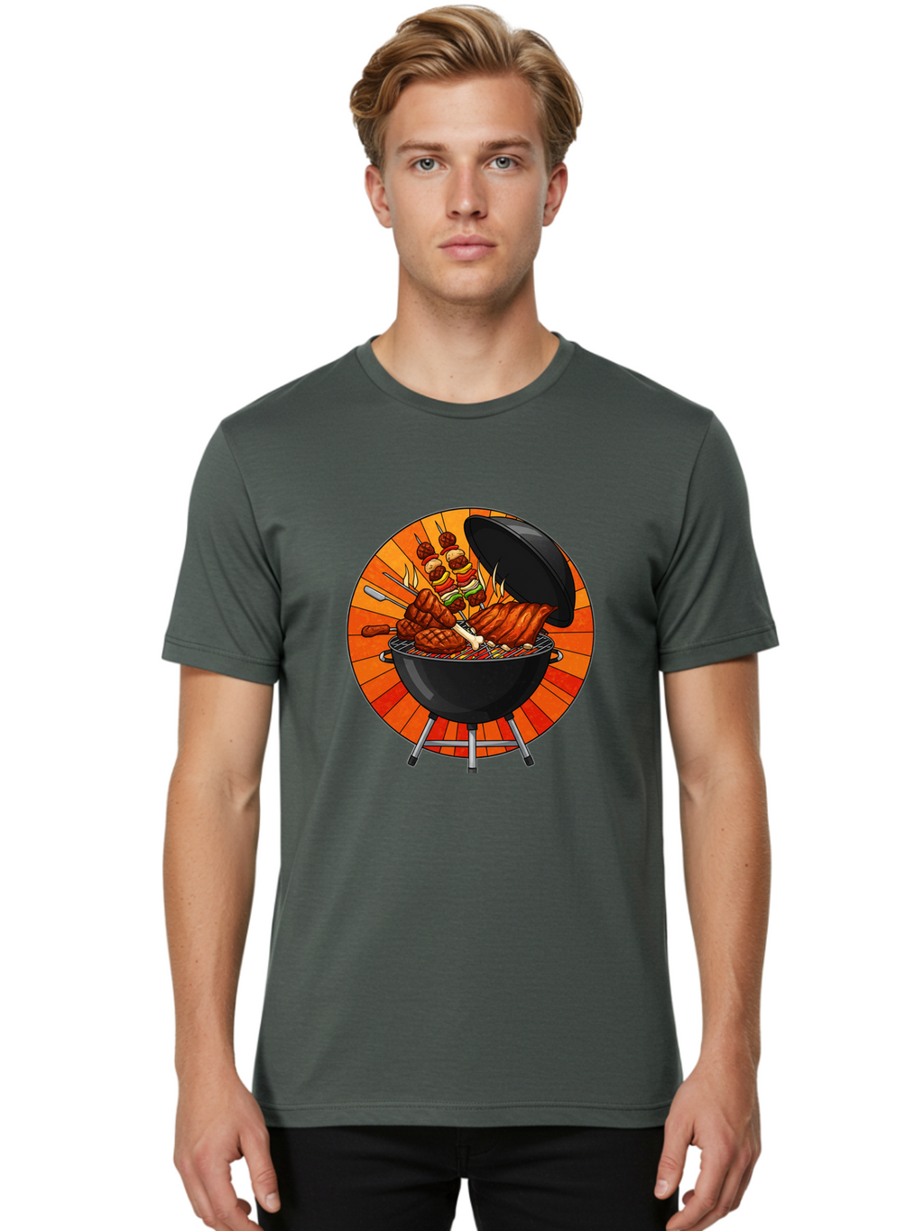 Bbq-Grill Men'S Graphic Tee, 100% Cotton, Comfortable Casual Summer Wear, Machine Washable, Barbecue Grill, Grilled Meat, Skewers, Outdoor Cooking, Summer Food, Barbecue Party, Delicious Food, Grilled Chicken, Barbecue Sauce Bab673