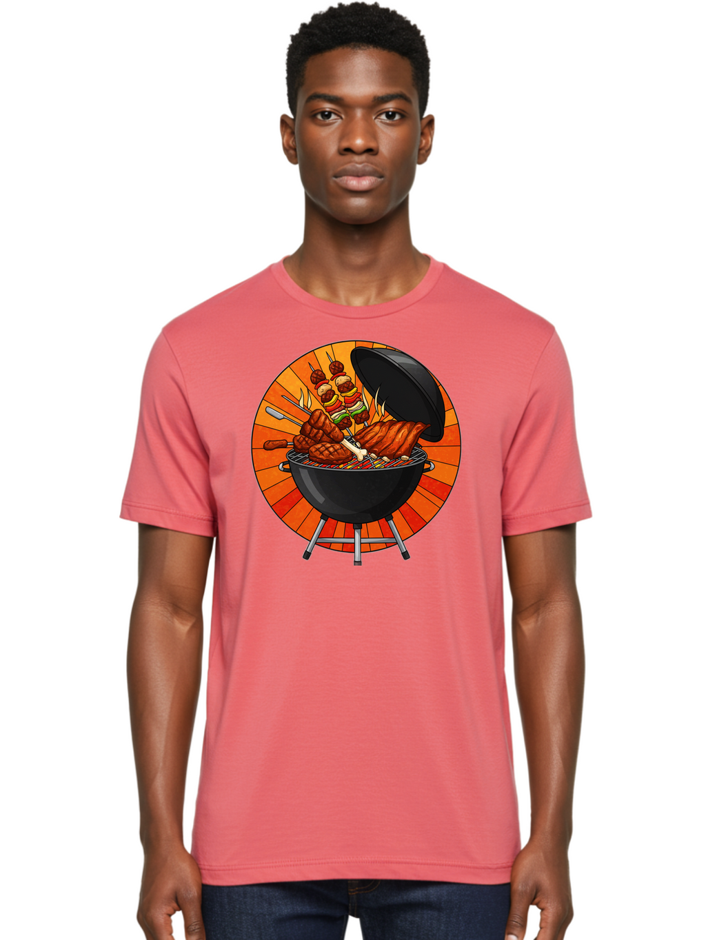 Bbq-Grill Men'S Graphic Tee, 100% Cotton, Comfortable Casual Summer Wear, Machine Washable, Barbecue Grill, Grilled Meat, Skewers, Outdoor Cooking, Summer Food, Barbecue Party, Delicious Food, Grilled Chicken, Barbecue Sauce Bab673