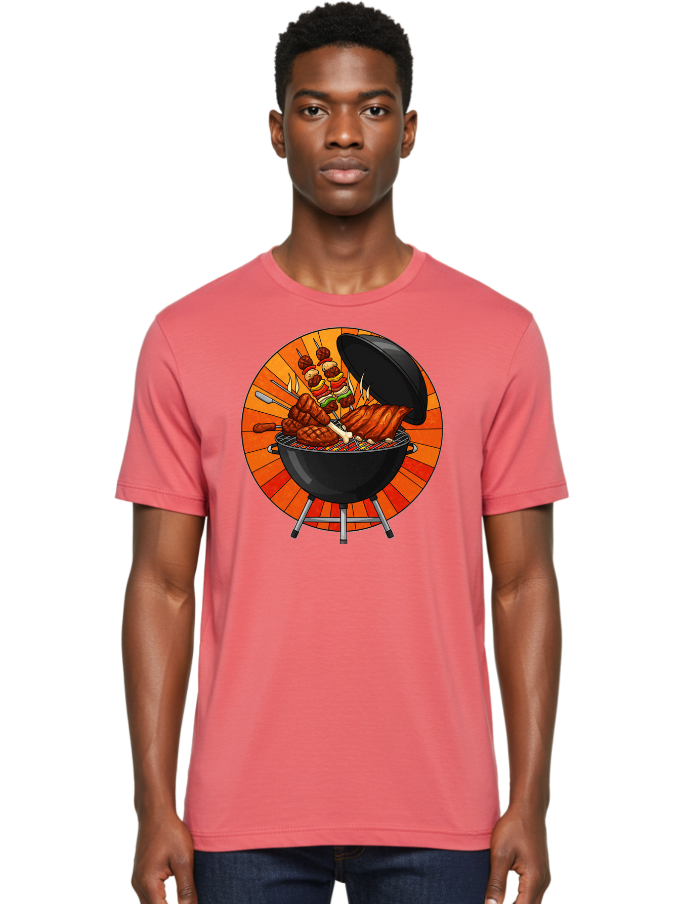 Bbq-Grill Men'S Graphic Tee, 100% Cotton, Comfortable Casual Summer Wear, Machine Washable, Barbecue Grill, Grilled Meat, Skewers, Outdoor Cooking, Summer Food, Barbecue Party, Delicious Food, Grilled Chicken, Barbecue Sauce Bab673