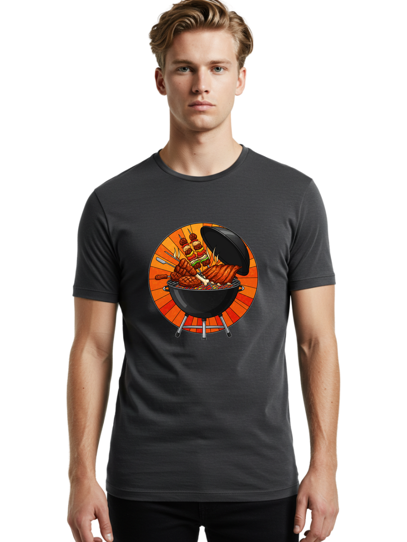 Bbq-Grill Men'S Graphic Tee, 100% Cotton, Comfortable Casual Summer Wear, Machine Washable, Barbecue Grill, Grilled Meat, Skewers, Outdoor Cooking, Summer Food, Barbecue Party, Delicious Food, Grilled Chicken, Barbecue Sauce Bab673