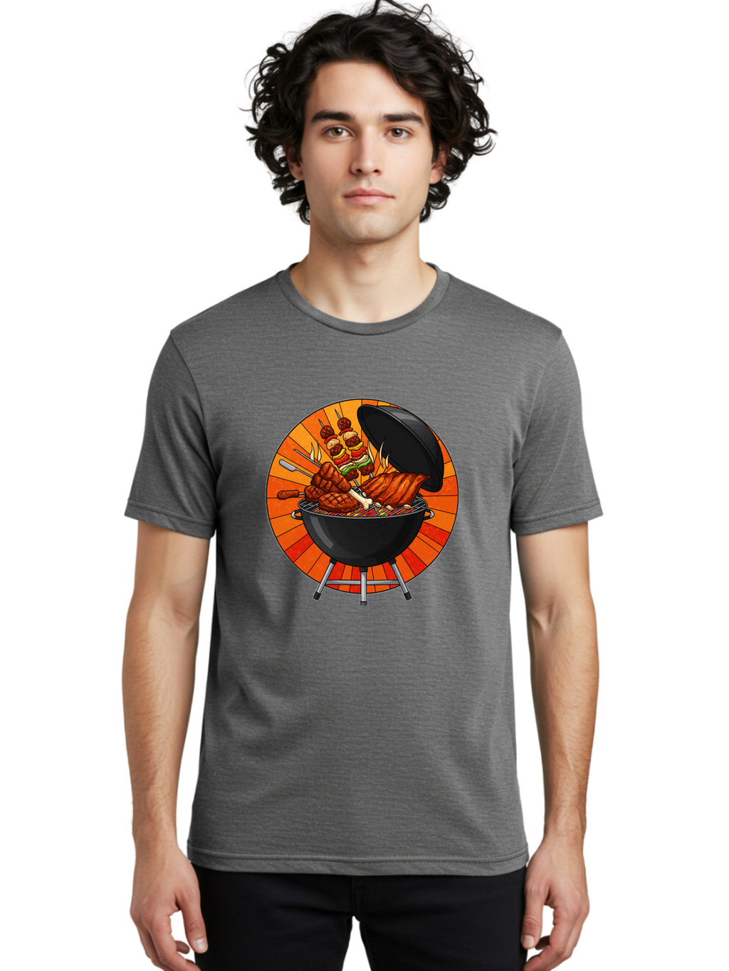 Bbq-Grill Men'S Graphic Tee, 100% Cotton, Comfortable Casual Summer Wear, Machine Washable, Barbecue Grill, Grilled Meat, Skewers, Outdoor Cooking, Summer Food, Barbecue Party, Delicious Food, Grilled Chicken, Barbecue Sauce Bab673