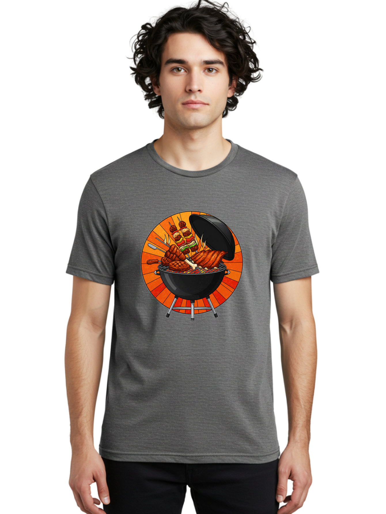 Bbq-Grill Men'S Graphic Tee, 100% Cotton, Comfortable Casual Summer Wear, Machine Washable, Barbecue Grill, Grilled Meat, Skewers, Outdoor Cooking, Summer Food, Barbecue Party, Delicious Food, Grilled Chicken, Barbecue Sauce Bab673