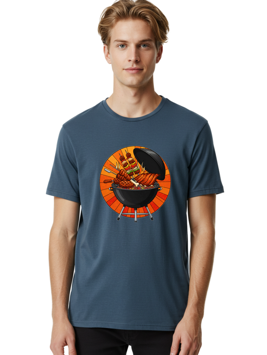 Bbq-Grill Men'S Graphic Tee, 100% Cotton, Comfortable Casual Summer Wear, Machine Washable, Barbecue Grill, Grilled Meat, Skewers, Outdoor Cooking, Summer Food, Barbecue Party, Delicious Food, Grilled Chicken, Barbecue Sauce Bab673