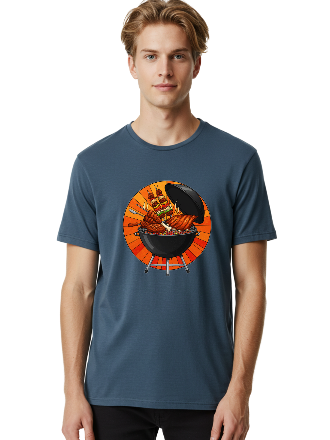 Bbq-Grill Men'S Graphic Tee, 100% Cotton, Comfortable Casual Summer Wear, Machine Washable, Barbecue Grill, Grilled Meat, Skewers, Outdoor Cooking, Summer Food, Barbecue Party, Delicious Food, Grilled Chicken, Barbecue Sauce Bab673
