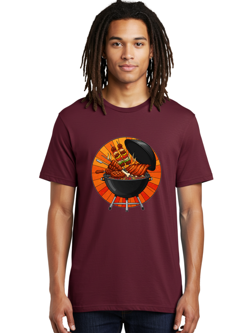 Bbq-Grill Men'S Graphic Tee, 100% Cotton, Comfortable Casual Summer Wear, Machine Washable, Barbecue Grill, Grilled Meat, Skewers, Outdoor Cooking, Summer Food, Barbecue Party, Delicious Food, Grilled Chicken, Barbecue Sauce Bab673