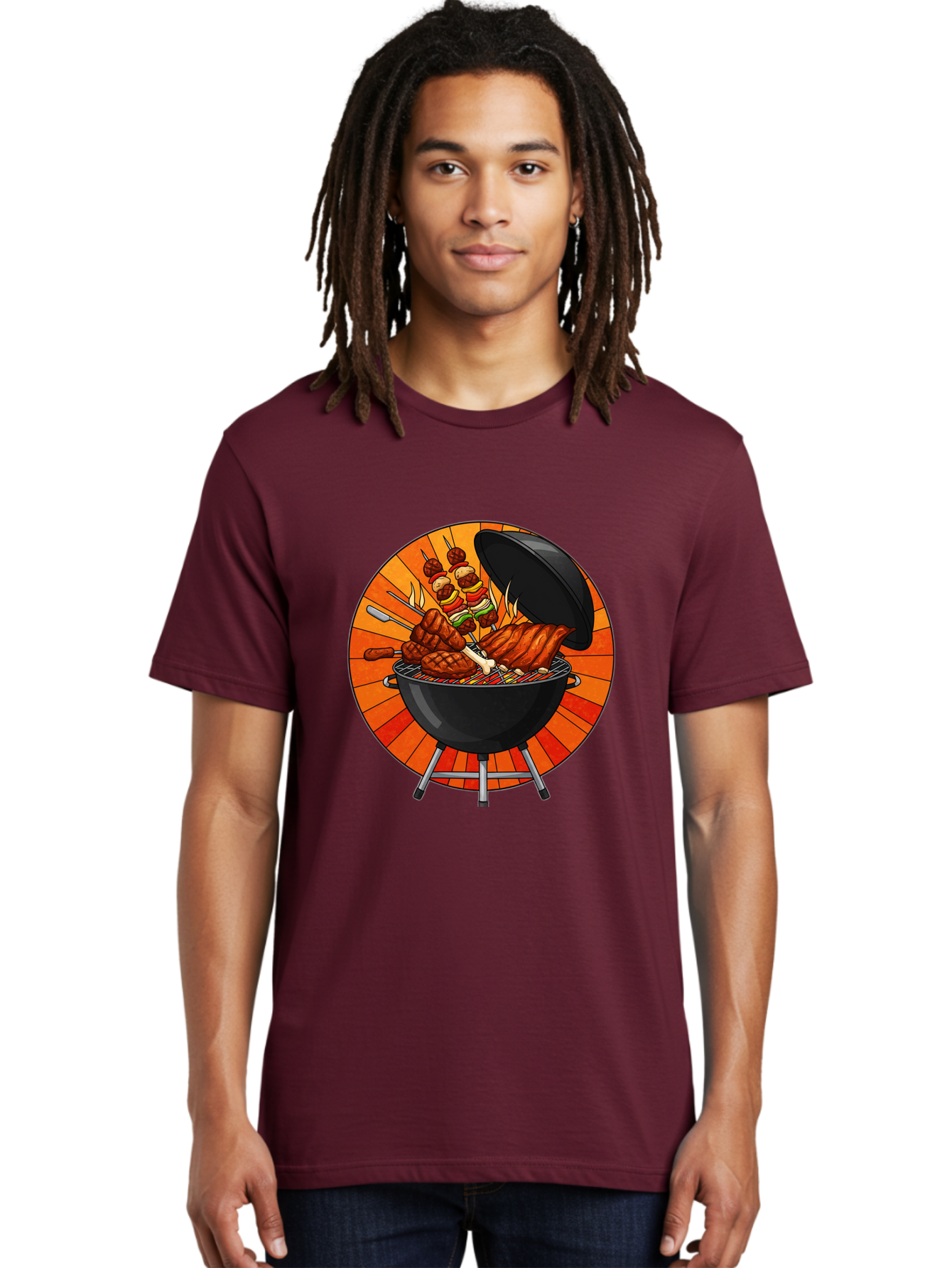 Bbq-Grill Men'S Graphic Tee, 100% Cotton, Comfortable Casual Summer Wear, Machine Washable, Barbecue Grill, Grilled Meat, Skewers, Outdoor Cooking, Summer Food, Barbecue Party, Delicious Food, Grilled Chicken, Barbecue Sauce Bab673