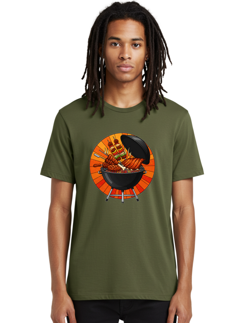 Bbq-Grill Men'S Graphic Tee, 100% Cotton, Comfortable Casual Summer Wear, Machine Washable, Barbecue Grill, Grilled Meat, Skewers, Outdoor Cooking, Summer Food, Barbecue Party, Delicious Food, Grilled Chicken, Barbecue Sauce Bab673