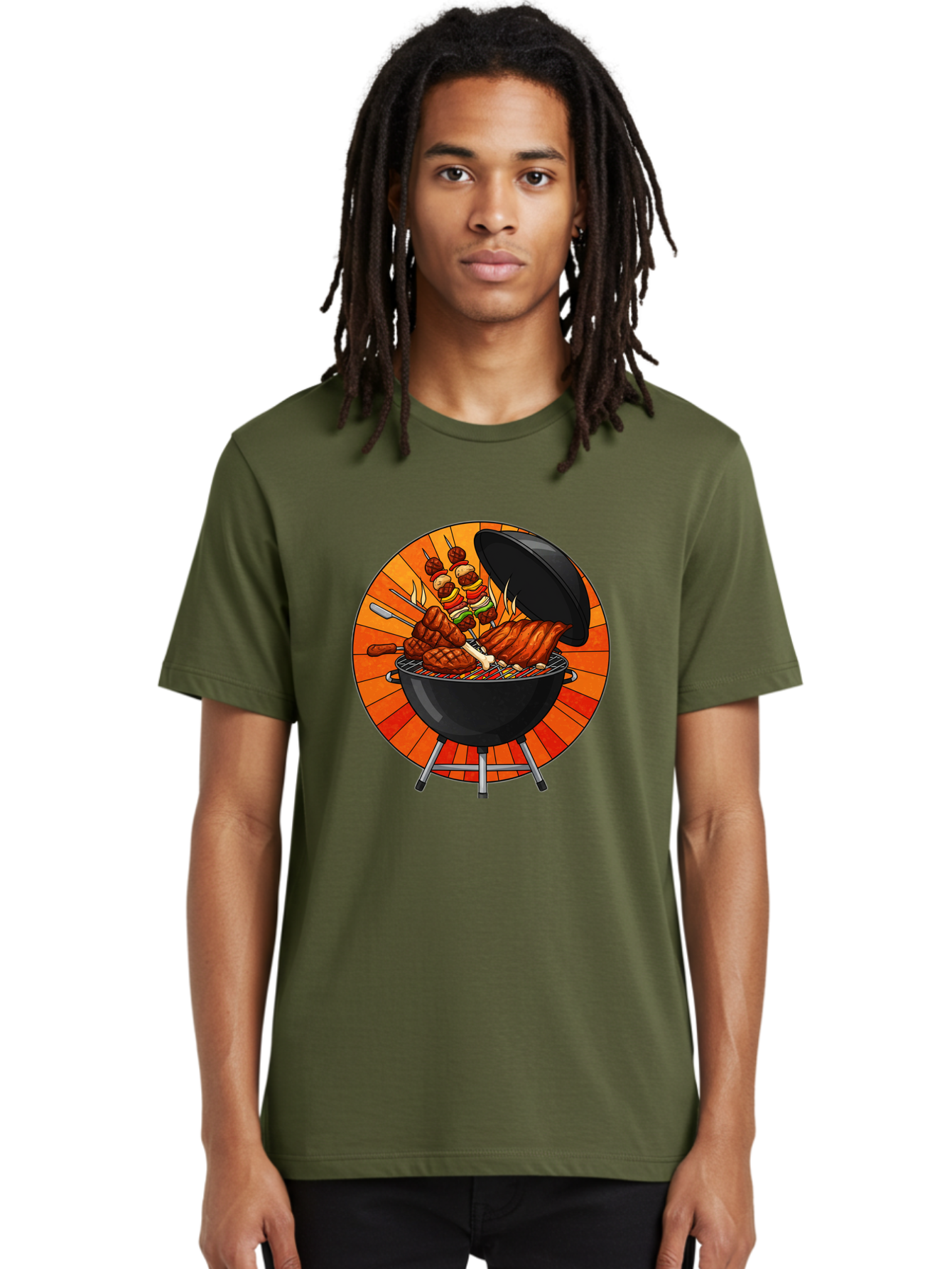 Bbq-Grill Men'S Graphic Tee, 100% Cotton, Comfortable Casual Summer Wear, Machine Washable, Barbecue Grill, Grilled Meat, Skewers, Outdoor Cooking, Summer Food, Barbecue Party, Delicious Food, Grilled Chicken, Barbecue Sauce Bab673