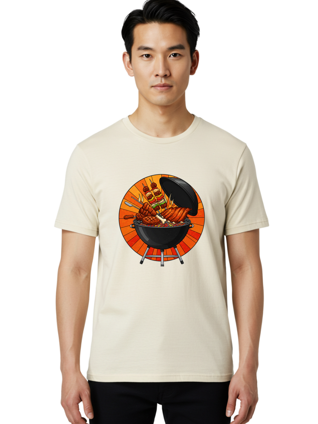 Bbq-Grill Men'S Graphic Tee, 100% Cotton, Comfortable Casual Summer Wear, Machine Washable, Barbecue Grill, Grilled Meat, Skewers, Outdoor Cooking, Summer Food, Barbecue Party, Delicious Food, Grilled Chicken, Barbecue Sauce Bab673