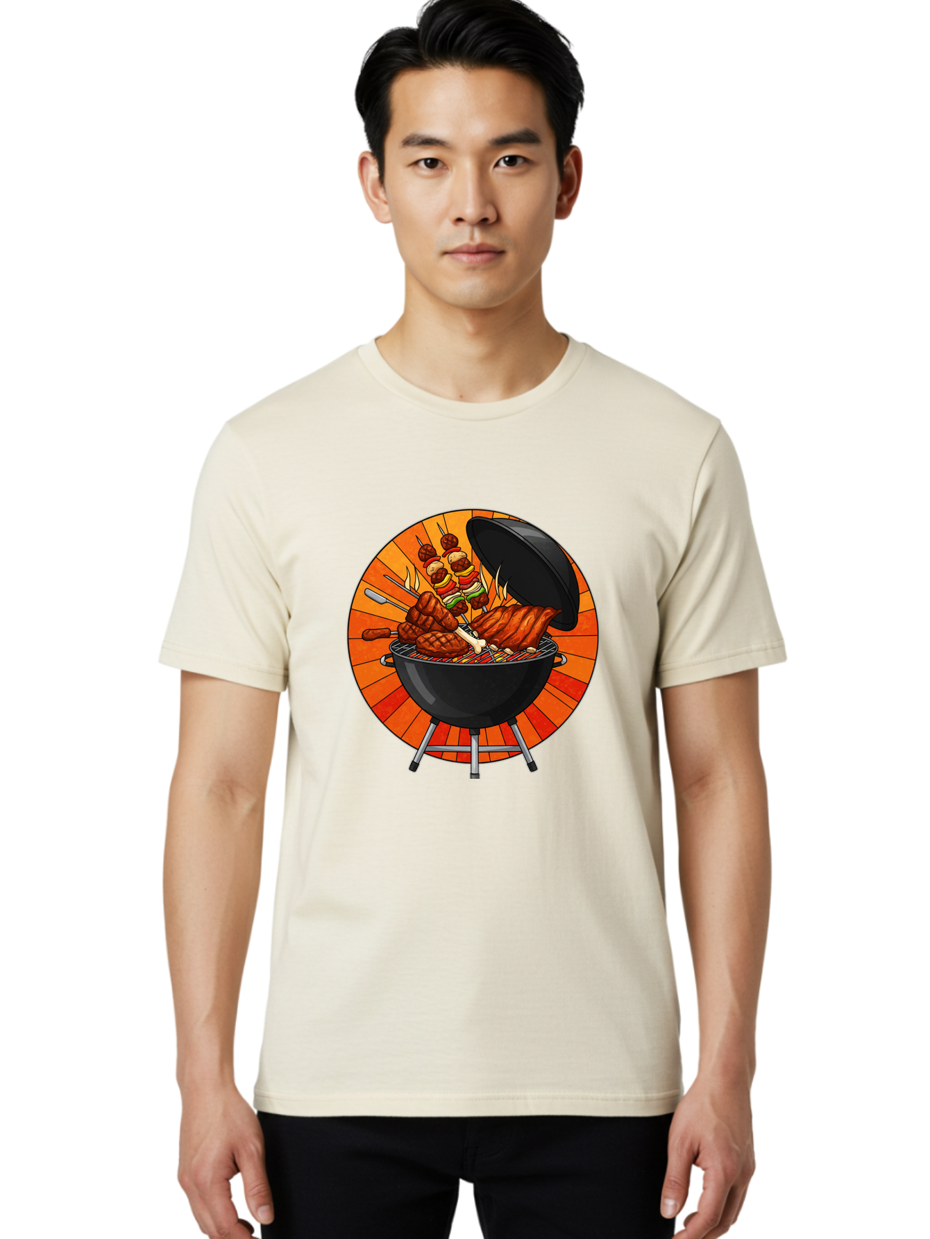 Bbq-Grill Men'S Graphic Tee, 100% Cotton, Comfortable Casual Summer Wear, Machine Washable, Barbecue Grill, Grilled Meat, Skewers, Outdoor Cooking, Summer Food, Barbecue Party, Delicious Food, Grilled Chicken, Barbecue Sauce Bab673