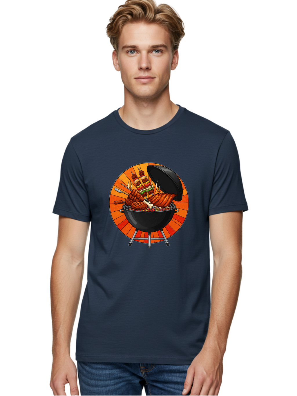 Bbq-Grill Men'S Graphic Tee, 100% Cotton, Comfortable Casual Summer Wear, Machine Washable, Barbecue Grill, Grilled Meat, Skewers, Outdoor Cooking, Summer Food, Barbecue Party, Delicious Food, Grilled Chicken, Barbecue Sauce Bab673