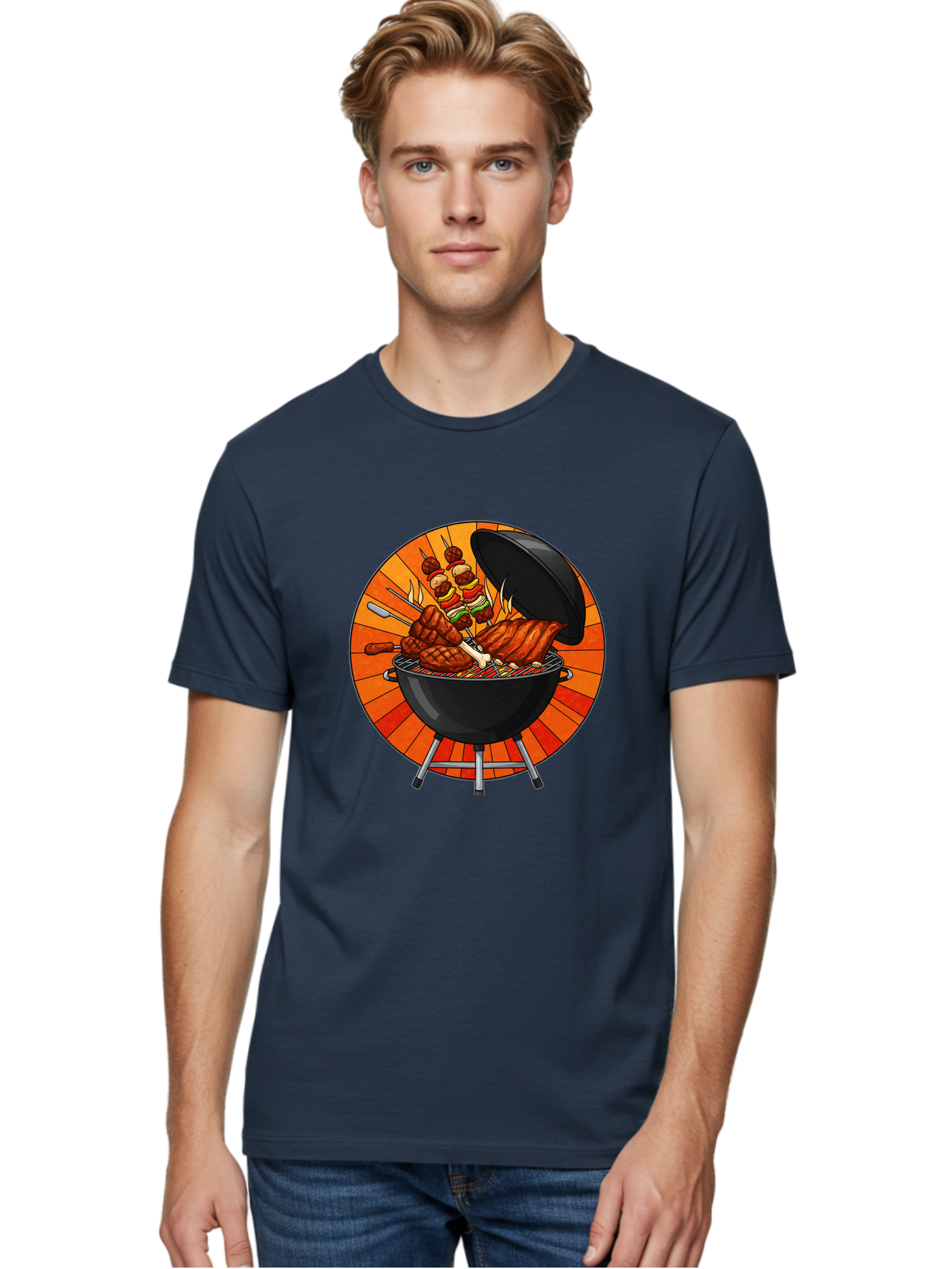Bbq-Grill Men'S Graphic Tee, 100% Cotton, Comfortable Casual Summer Wear, Machine Washable, Barbecue Grill, Grilled Meat, Skewers, Outdoor Cooking, Summer Food, Barbecue Party, Delicious Food, Grilled Chicken, Barbecue Sauce Bab673