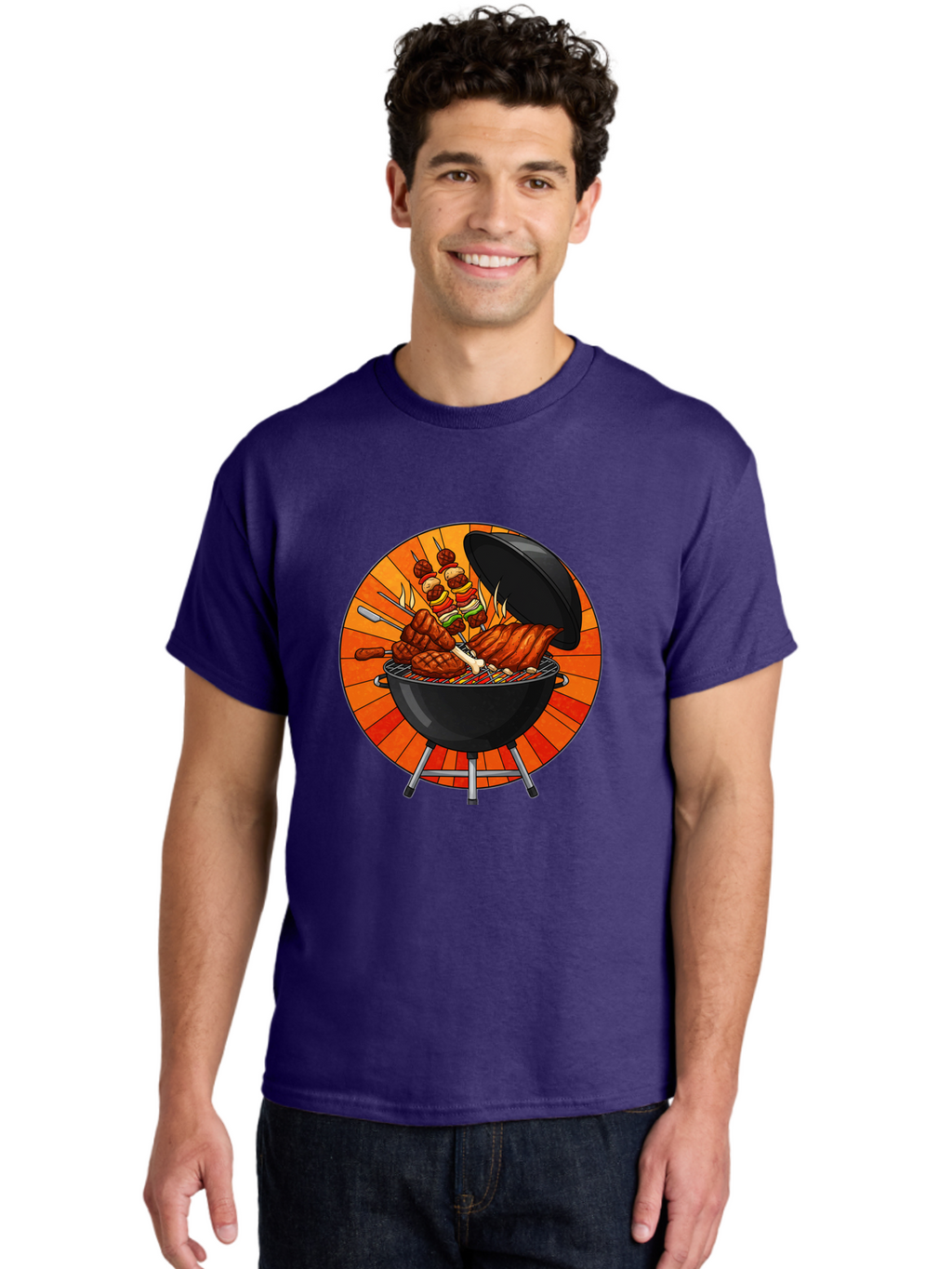 Bbq-Grill Men'S Graphic Tee, 100% Cotton, Comfortable Casual Summer Wear, Machine Washable, Barbecue Grill, Grilled Meat, Skewers, Outdoor Cooking, Summer Food, Barbecue Party, Delicious Food, Grilled Chicken, Barbecue Sauce Bab673