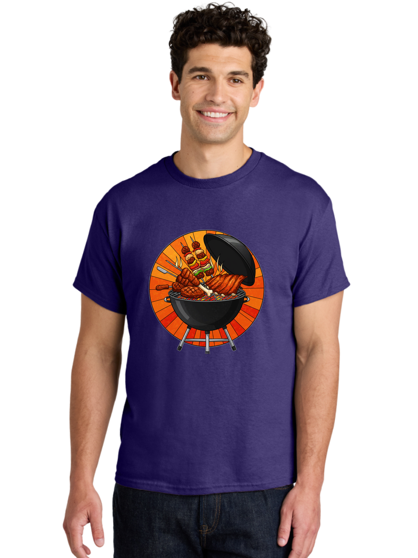 Bbq-Grill Men'S Graphic Tee, 100% Cotton, Comfortable Casual Summer Wear, Machine Washable, Barbecue Grill, Grilled Meat, Skewers, Outdoor Cooking, Summer Food, Barbecue Party, Delicious Food, Grilled Chicken, Barbecue Sauce Bab673