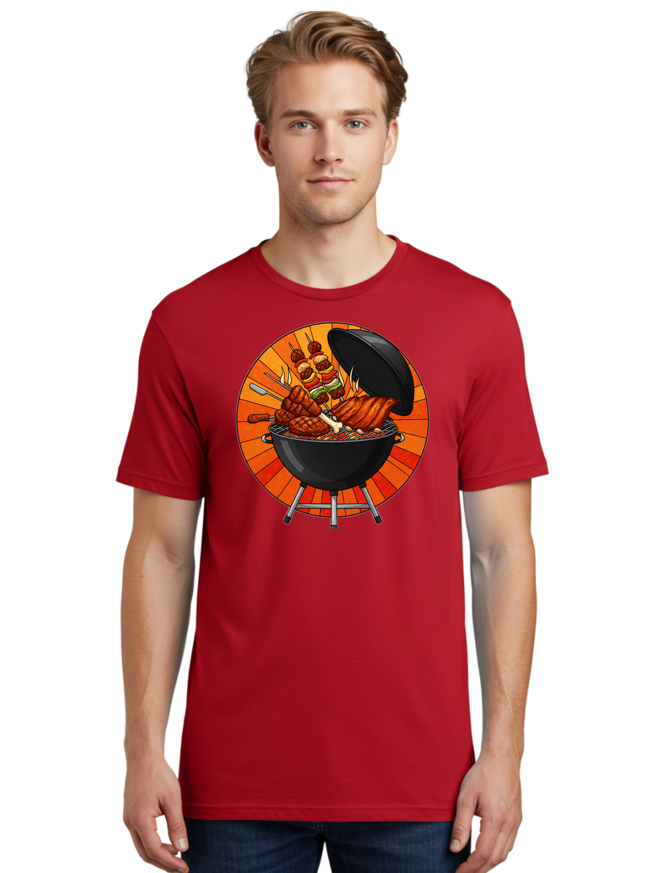 Bbq-Grill Men'S Graphic Tee, 100% Cotton, Comfortable Casual Summer Wear, Machine Washable, Barbecue Grill, Grilled Meat, Skewers, Outdoor Cooking, Summer Food, Barbecue Party, Delicious Food, Grilled Chicken, Barbecue Sauce Bab673