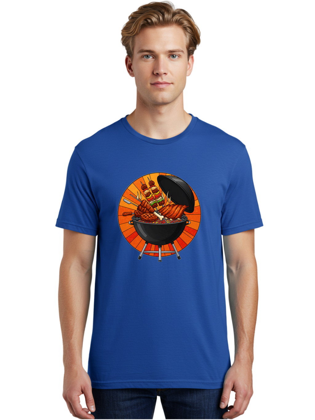 Bbq-Grill Men'S Graphic Tee, 100% Cotton, Comfortable Casual Summer Wear, Machine Washable, Barbecue Grill, Grilled Meat, Skewers, Outdoor Cooking, Summer Food, Barbecue Party, Delicious Food, Grilled Chicken, Barbecue Sauce Bab673