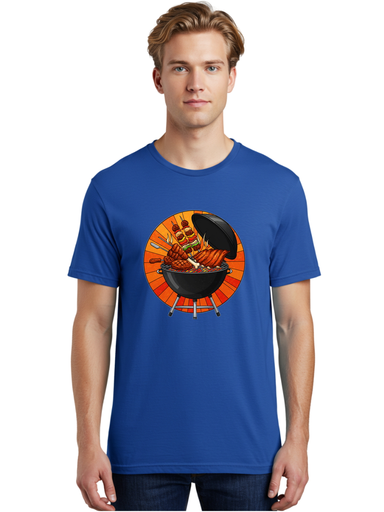 Bbq-Grill Men'S Graphic Tee, 100% Cotton, Comfortable Casual Summer Wear, Machine Washable, Barbecue Grill, Grilled Meat, Skewers, Outdoor Cooking, Summer Food, Barbecue Party, Delicious Food, Grilled Chicken, Barbecue Sauce Bab673