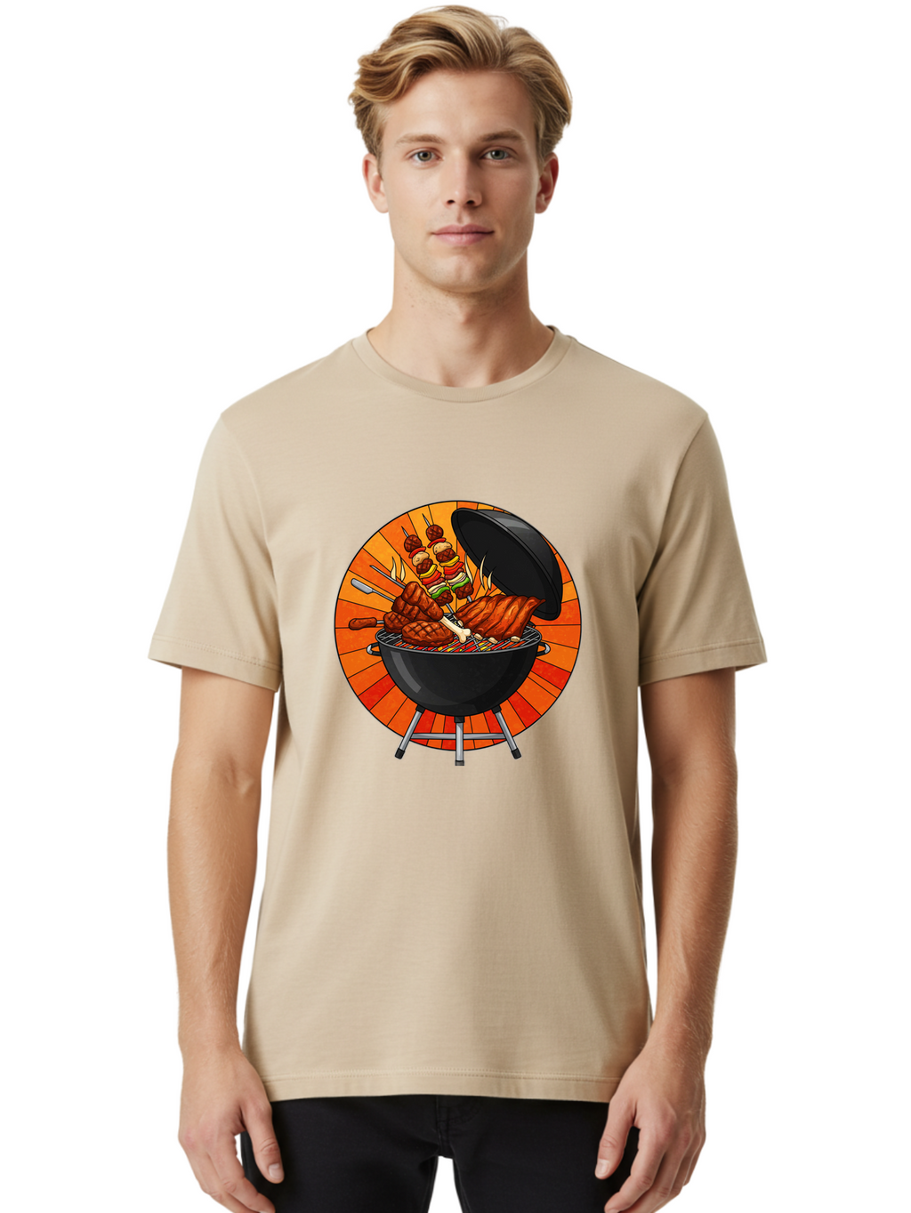 Bbq-Grill Men'S Graphic Tee, 100% Cotton, Comfortable Casual Summer Wear, Machine Washable, Barbecue Grill, Grilled Meat, Skewers, Outdoor Cooking, Summer Food, Barbecue Party, Delicious Food, Grilled Chicken, Barbecue Sauce Bab673