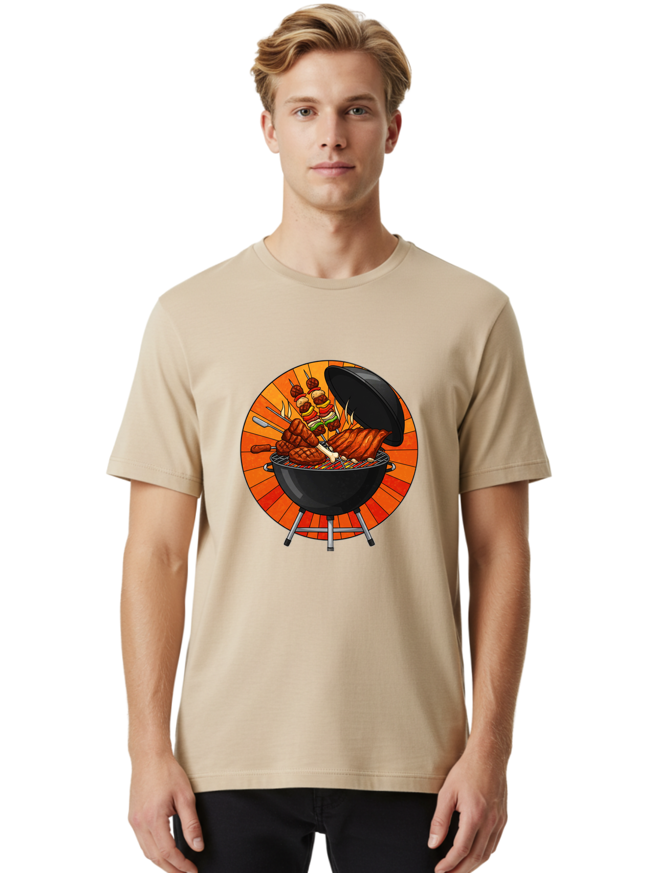 Bbq-Grill Men'S Graphic Tee, 100% Cotton, Comfortable Casual Summer Wear, Machine Washable, Barbecue Grill, Grilled Meat, Skewers, Outdoor Cooking, Summer Food, Barbecue Party, Delicious Food, Grilled Chicken, Barbecue Sauce Bab673