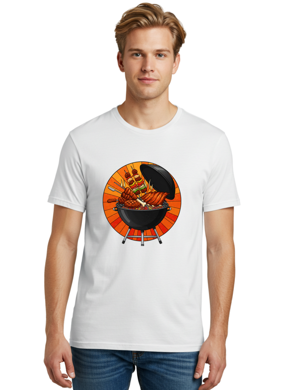 Bbq-Grill Men'S Graphic Tee, 100% Cotton, Comfortable Casual Summer Wear, Machine Washable, Barbecue Grill, Grilled Meat, Skewers, Outdoor Cooking, Summer Food, Barbecue Party, Delicious Food, Grilled Chicken, Barbecue Sauce Bab673