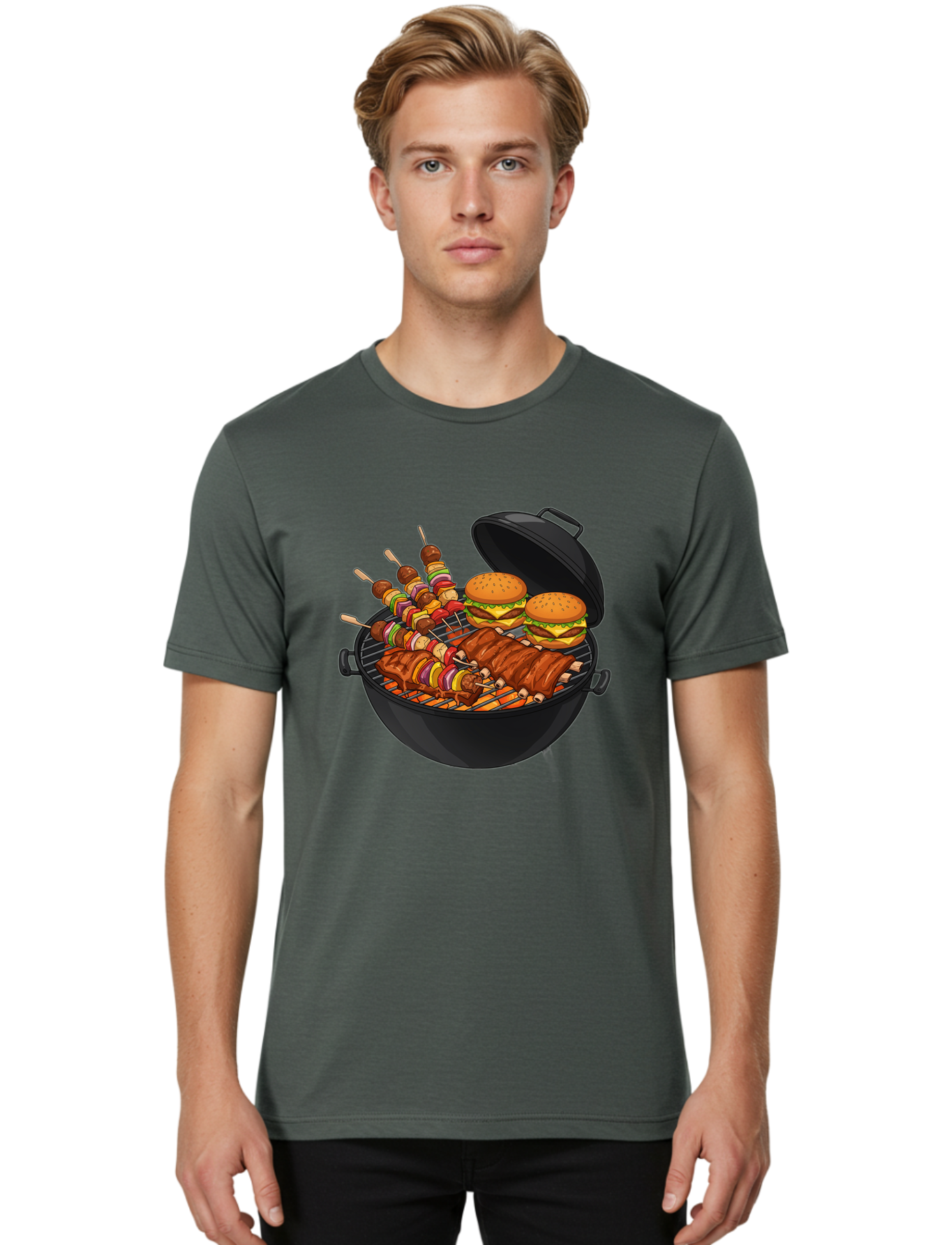 Bbq-Grilling Men'S Graphic Tee, 100% Cotton, Comfortable Casual Summer Wear, Machine Washable, Barbecue Grill, Grilled Food, Skewers, Hamburgers, Barbecue Ribs, Summer Cooking, Outdoor Dining, Grilled Cuisine, Barbecue Party, Savory Delights Bab674