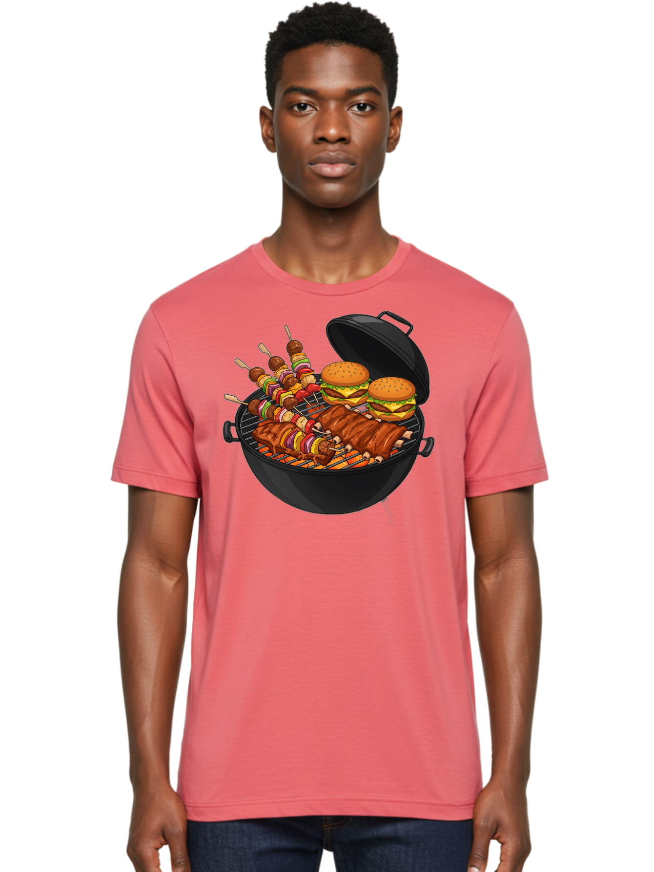 Bbq-Grilling Men'S Graphic Tee, 100% Cotton, Comfortable Casual Summer Wear, Machine Washable, Barbecue Grill, Grilled Food, Skewers, Hamburgers, Barbecue Ribs, Summer Cooking, Outdoor Dining, Grilled Cuisine, Barbecue Party, Savory Delights Bab674