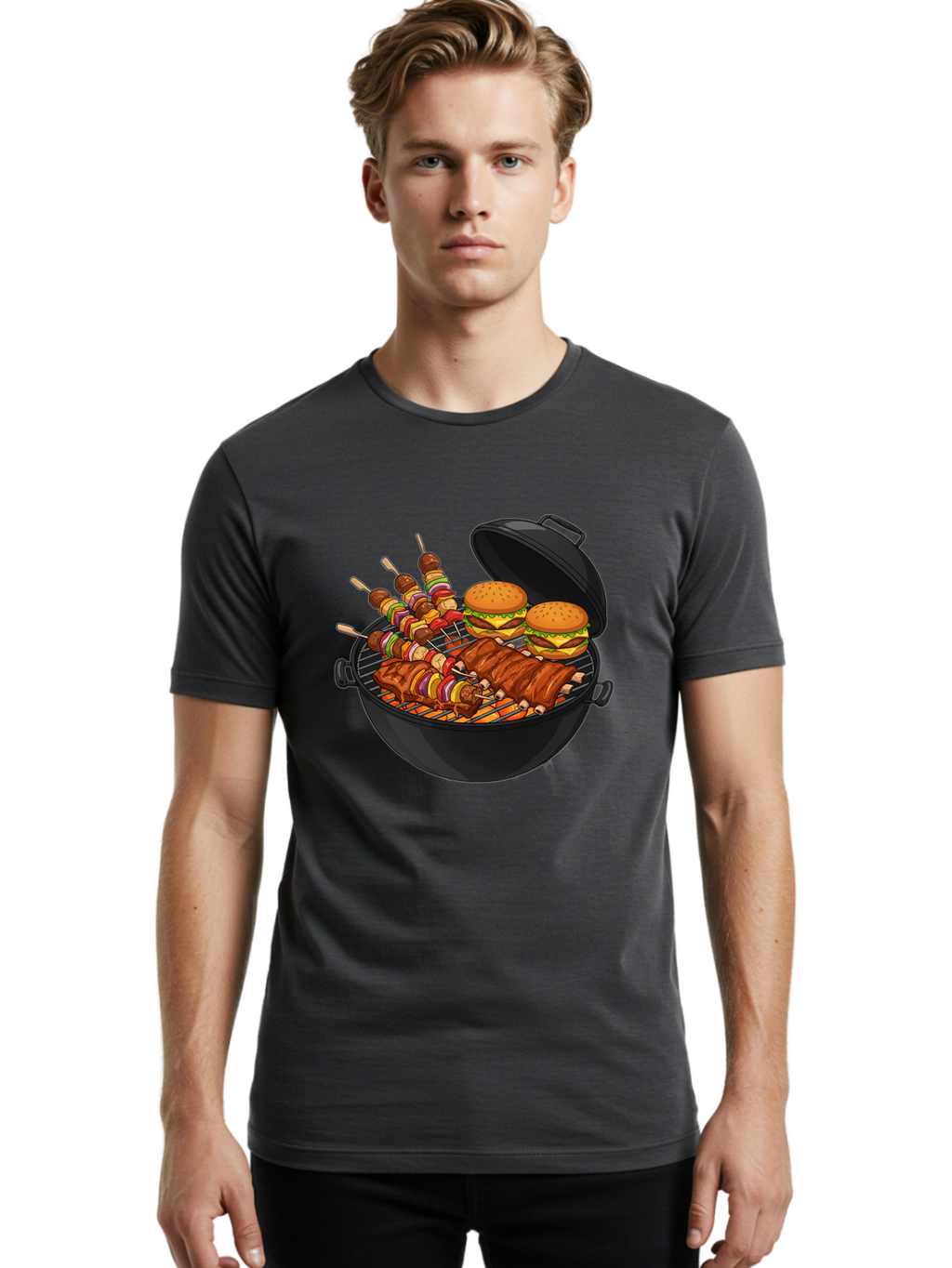Bbq-Grilling Men'S Graphic Tee, 100% Cotton, Comfortable Casual Summer Wear, Machine Washable, Barbecue Grill, Grilled Food, Skewers, Hamburgers, Barbecue Ribs, Summer Cooking, Outdoor Dining, Grilled Cuisine, Barbecue Party, Savory Delights Bab674