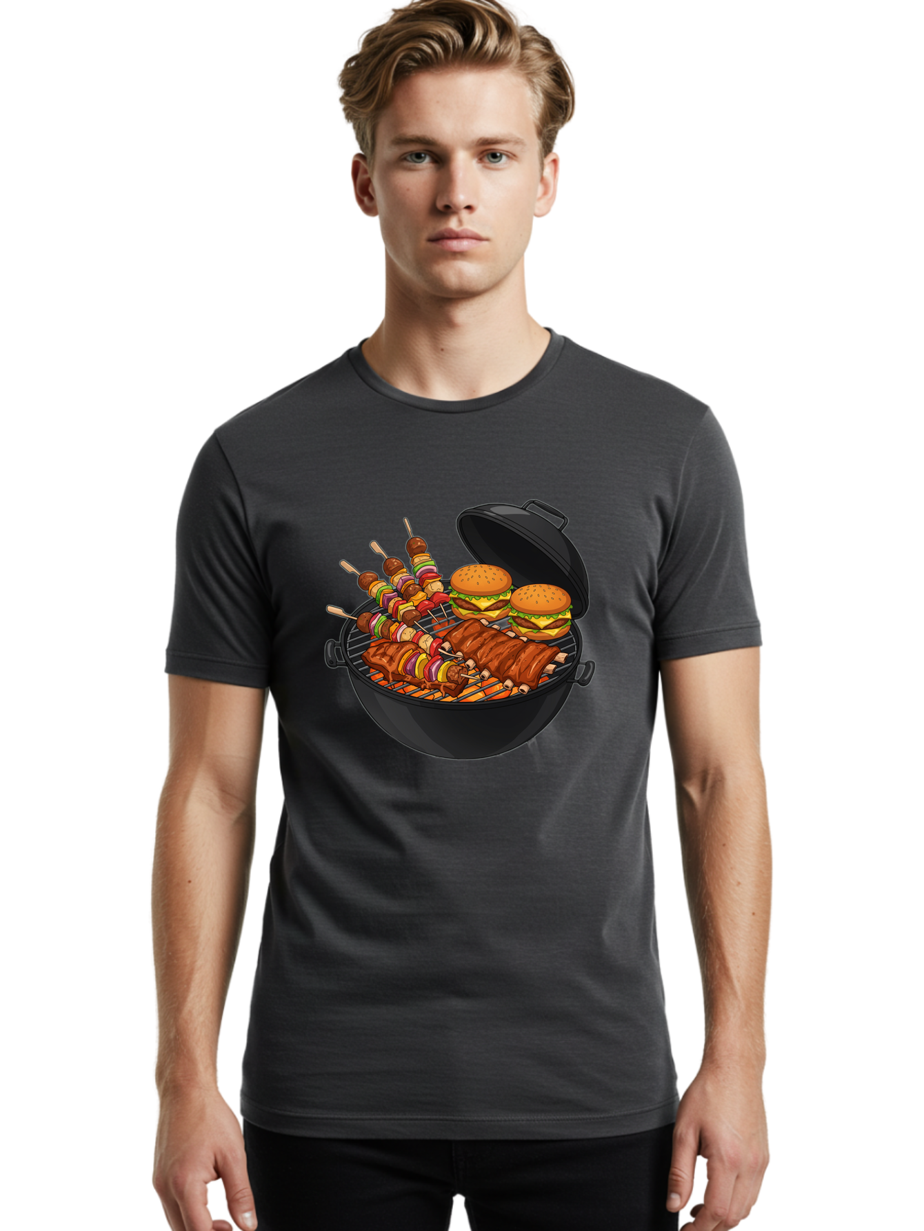 Bbq-Grilling Men'S Graphic Tee, 100% Cotton, Comfortable Casual Summer Wear, Machine Washable, Barbecue Grill, Grilled Food, Skewers, Hamburgers, Barbecue Ribs, Summer Cooking, Outdoor Dining, Grilled Cuisine, Barbecue Party, Savory Delights Bab674