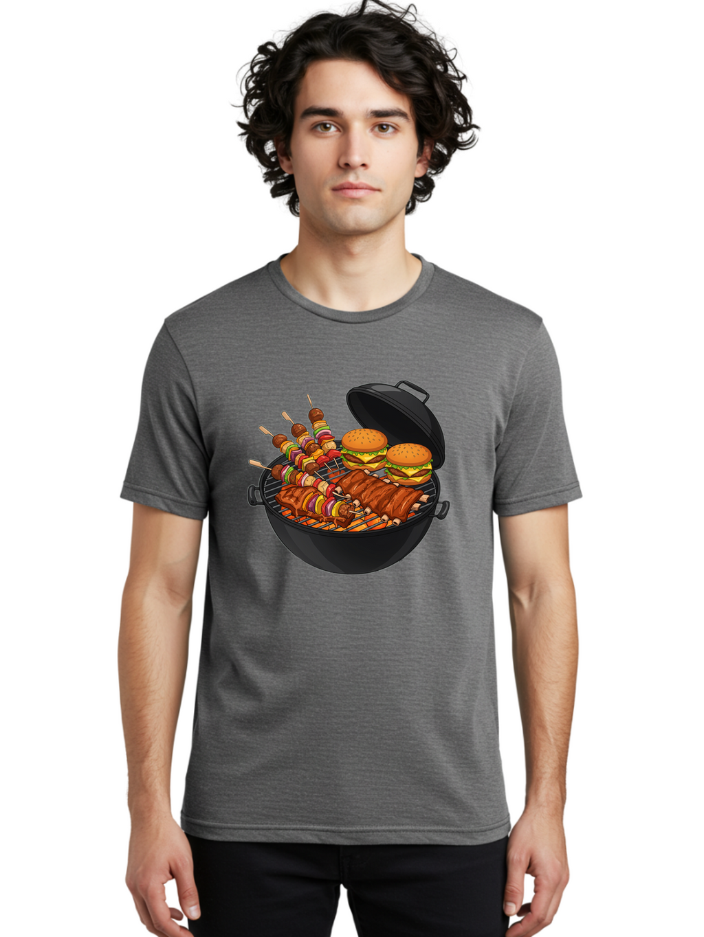 Bbq-Grilling Men'S Graphic Tee, 100% Cotton, Comfortable Casual Summer Wear, Machine Washable, Barbecue Grill, Grilled Food, Skewers, Hamburgers, Barbecue Ribs, Summer Cooking, Outdoor Dining, Grilled Cuisine, Barbecue Party, Savory Delights Bab674