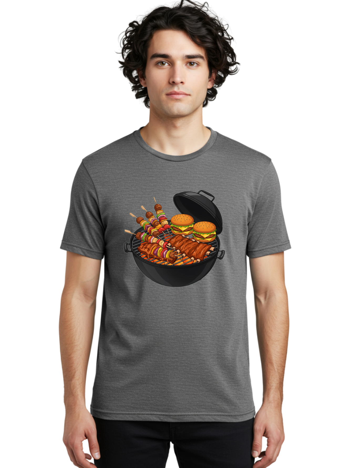Bbq-Grilling Men'S Graphic Tee, 100% Cotton, Comfortable Casual Summer Wear, Machine Washable, Barbecue Grill, Grilled Food, Skewers, Hamburgers, Barbecue Ribs, Summer Cooking, Outdoor Dining, Grilled Cuisine, Barbecue Party, Savory Delights Bab674