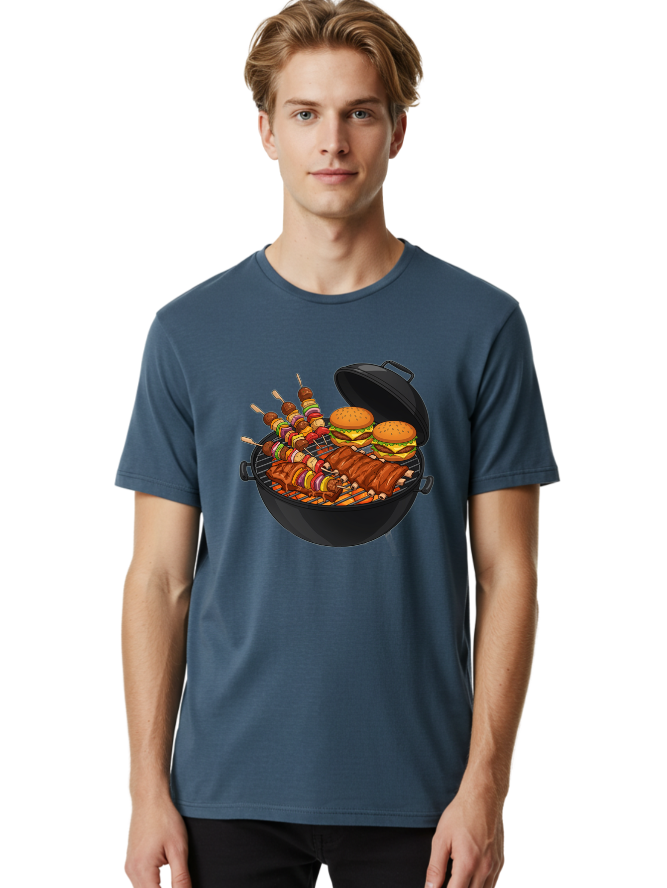 Bbq-Grilling Men'S Graphic Tee, 100% Cotton, Comfortable Casual Summer Wear, Machine Washable, Barbecue Grill, Grilled Food, Skewers, Hamburgers, Barbecue Ribs, Summer Cooking, Outdoor Dining, Grilled Cuisine, Barbecue Party, Savory Delights Bab674