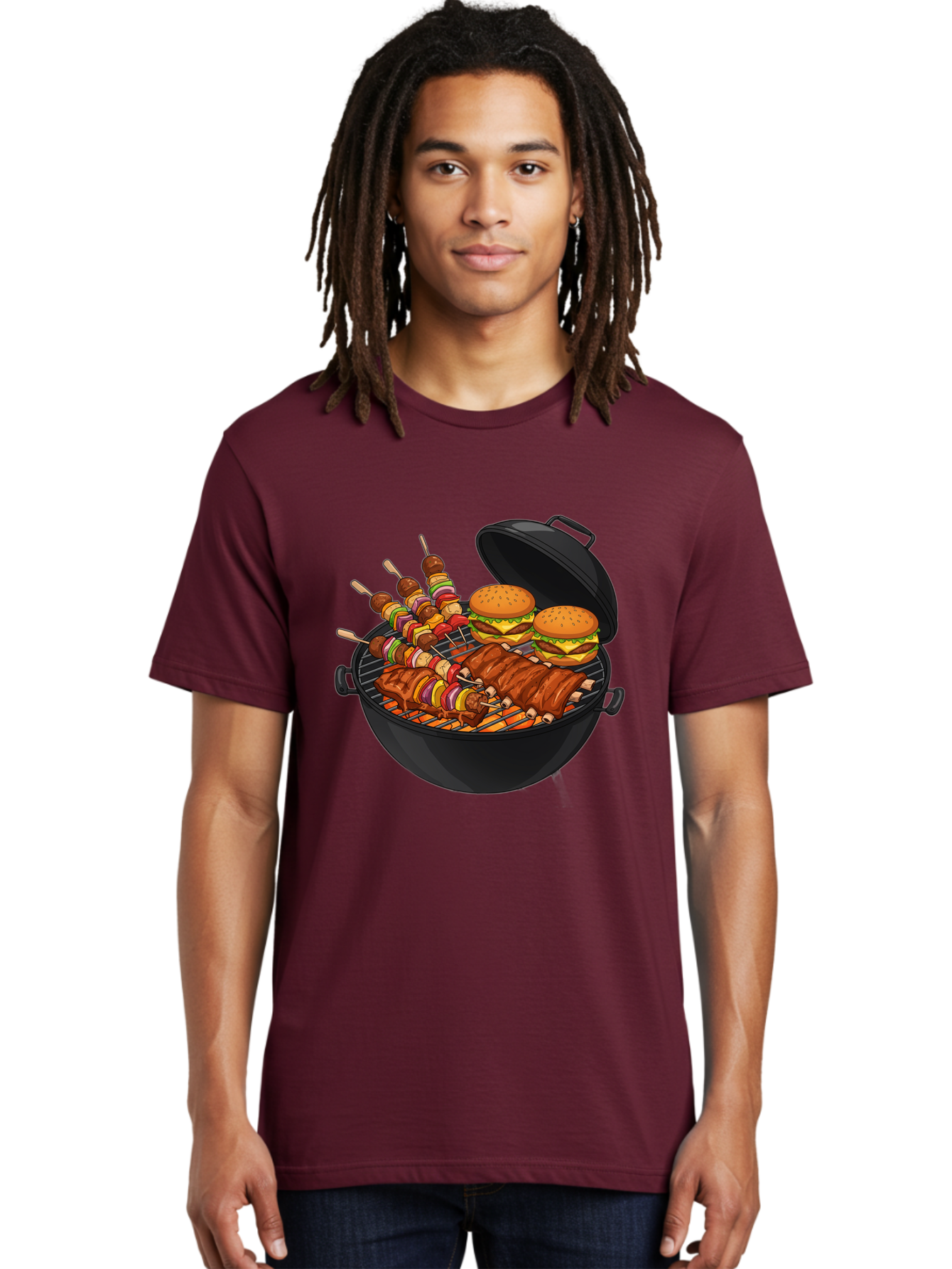 Bbq-Grilling Men'S Graphic Tee, 100% Cotton, Comfortable Casual Summer Wear, Machine Washable, Barbecue Grill, Grilled Food, Skewers, Hamburgers, Barbecue Ribs, Summer Cooking, Outdoor Dining, Grilled Cuisine, Barbecue Party, Savory Delights Bab674