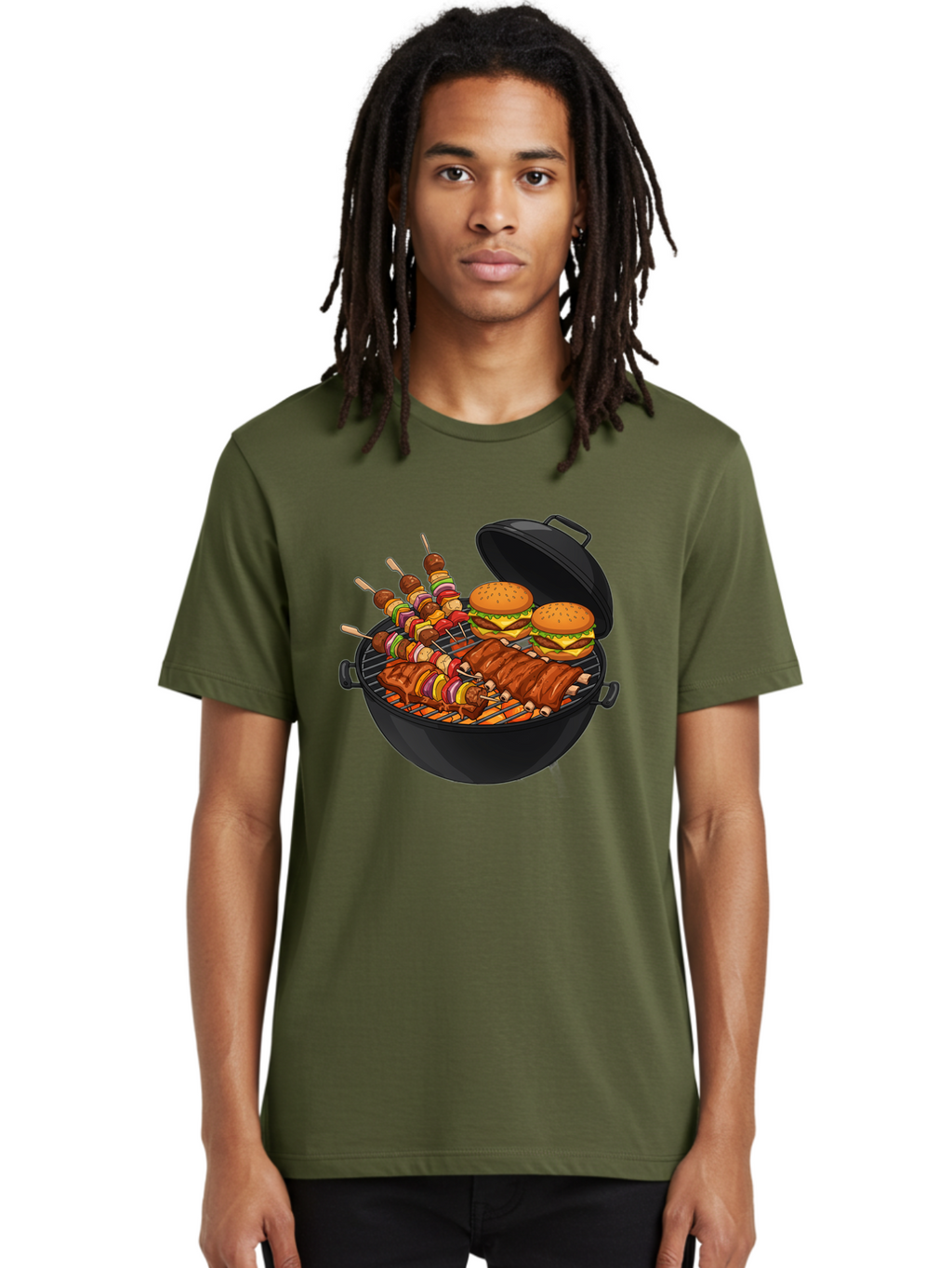 Bbq-Grilling Men'S Graphic Tee, 100% Cotton, Comfortable Casual Summer Wear, Machine Washable, Barbecue Grill, Grilled Food, Skewers, Hamburgers, Barbecue Ribs, Summer Cooking, Outdoor Dining, Grilled Cuisine, Barbecue Party, Savory Delights Bab674