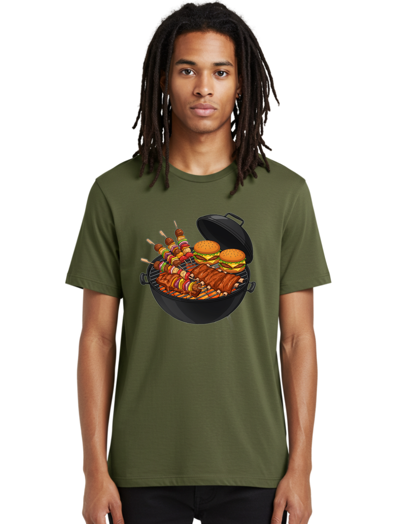Bbq-Grilling Men'S Graphic Tee, 100% Cotton, Comfortable Casual Summer Wear, Machine Washable, Barbecue Grill, Grilled Food, Skewers, Hamburgers, Barbecue Ribs, Summer Cooking, Outdoor Dining, Grilled Cuisine, Barbecue Party, Savory Delights Bab674
