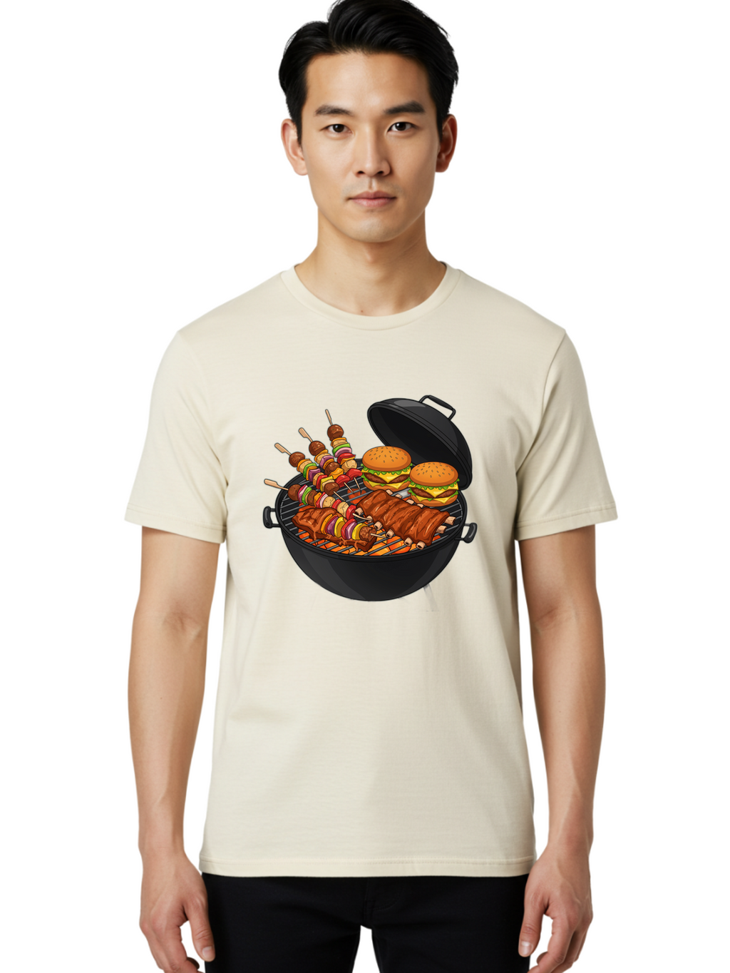 Bbq-Grilling Men'S Graphic Tee, 100% Cotton, Comfortable Casual Summer Wear, Machine Washable, Barbecue Grill, Grilled Food, Skewers, Hamburgers, Barbecue Ribs, Summer Cooking, Outdoor Dining, Grilled Cuisine, Barbecue Party, Savory Delights Bab674