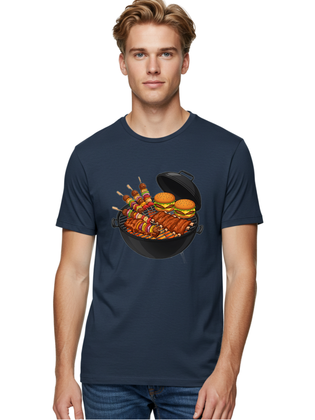 Bbq-Grilling Men'S Graphic Tee, 100% Cotton, Comfortable Casual Summer Wear, Machine Washable, Barbecue Grill, Grilled Food, Skewers, Hamburgers, Barbecue Ribs, Summer Cooking, Outdoor Dining, Grilled Cuisine, Barbecue Party, Savory Delights Bab674
