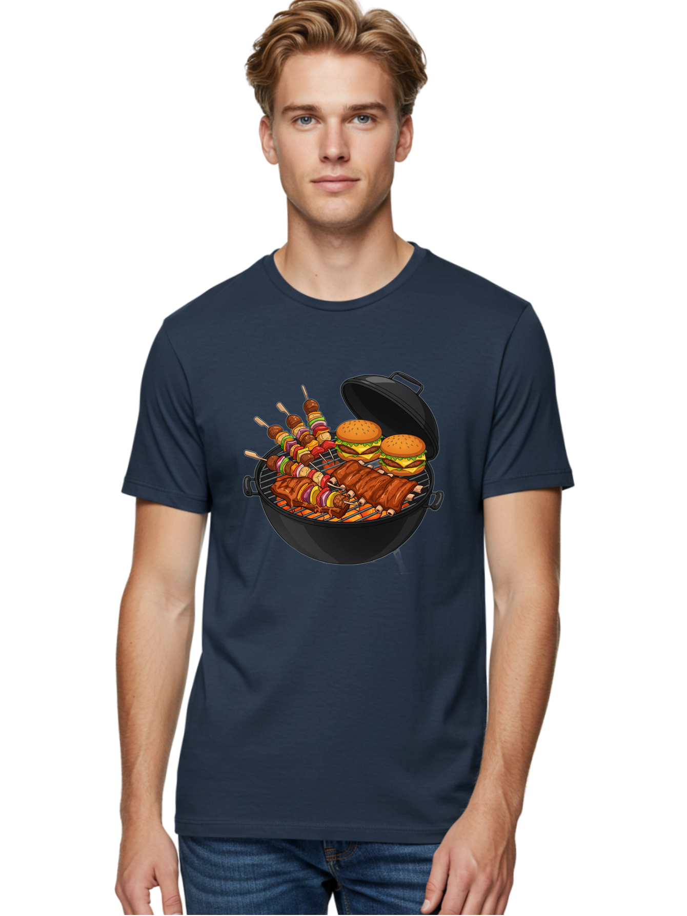 Bbq-Grilling Men'S Graphic Tee, 100% Cotton, Comfortable Casual Summer Wear, Machine Washable, Barbecue Grill, Grilled Food, Skewers, Hamburgers, Barbecue Ribs, Summer Cooking, Outdoor Dining, Grilled Cuisine, Barbecue Party, Savory Delights Bab674