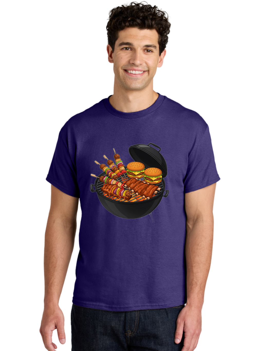 Bbq-Grilling Men'S Graphic Tee, 100% Cotton, Comfortable Casual Summer Wear, Machine Washable, Barbecue Grill, Grilled Food, Skewers, Hamburgers, Barbecue Ribs, Summer Cooking, Outdoor Dining, Grilled Cuisine, Barbecue Party, Savory Delights Bab674
