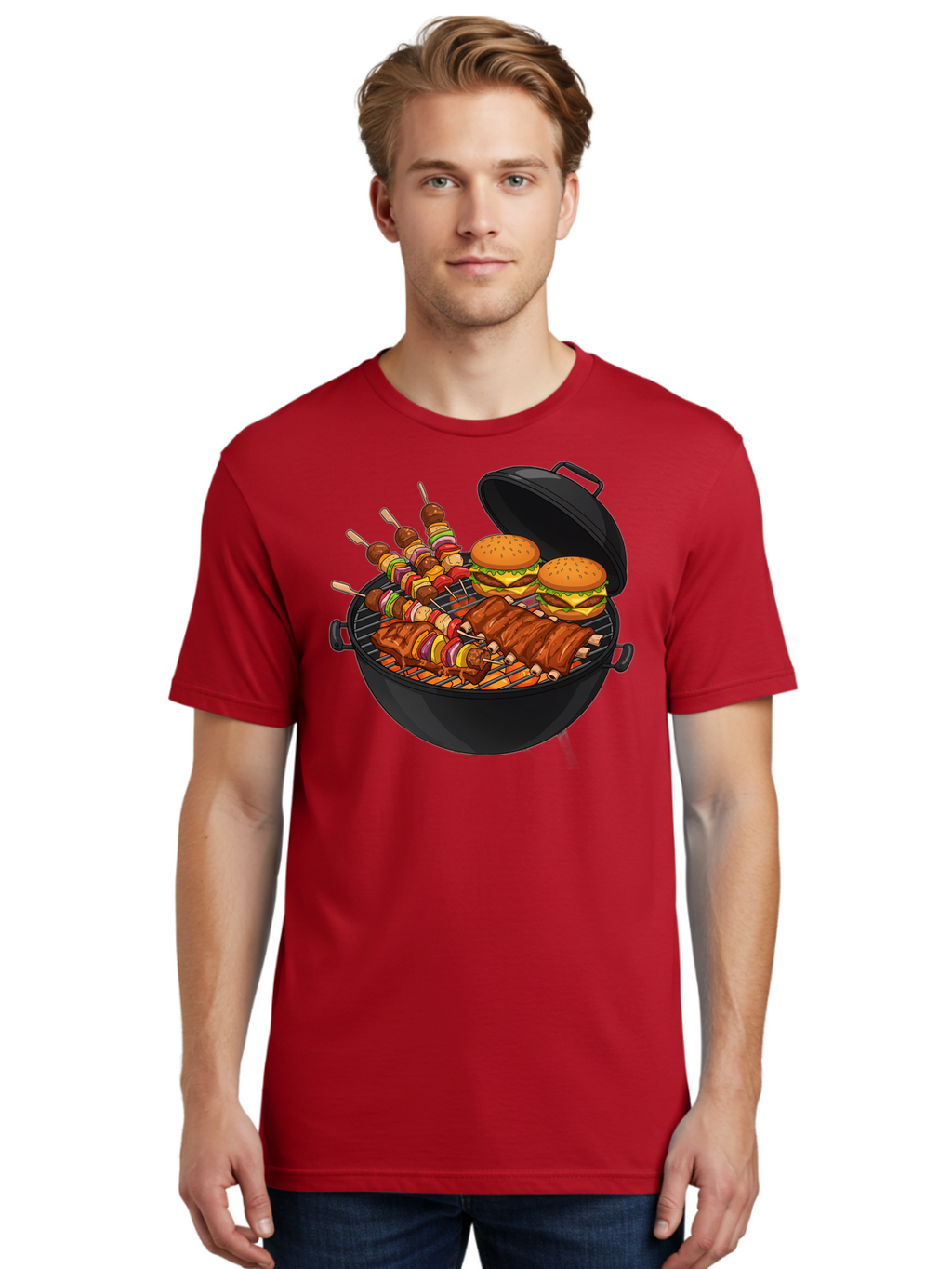 Bbq-Grilling Men'S Graphic Tee, 100% Cotton, Comfortable Casual Summer Wear, Machine Washable, Barbecue Grill, Grilled Food, Skewers, Hamburgers, Barbecue Ribs, Summer Cooking, Outdoor Dining, Grilled Cuisine, Barbecue Party, Savory Delights Bab674